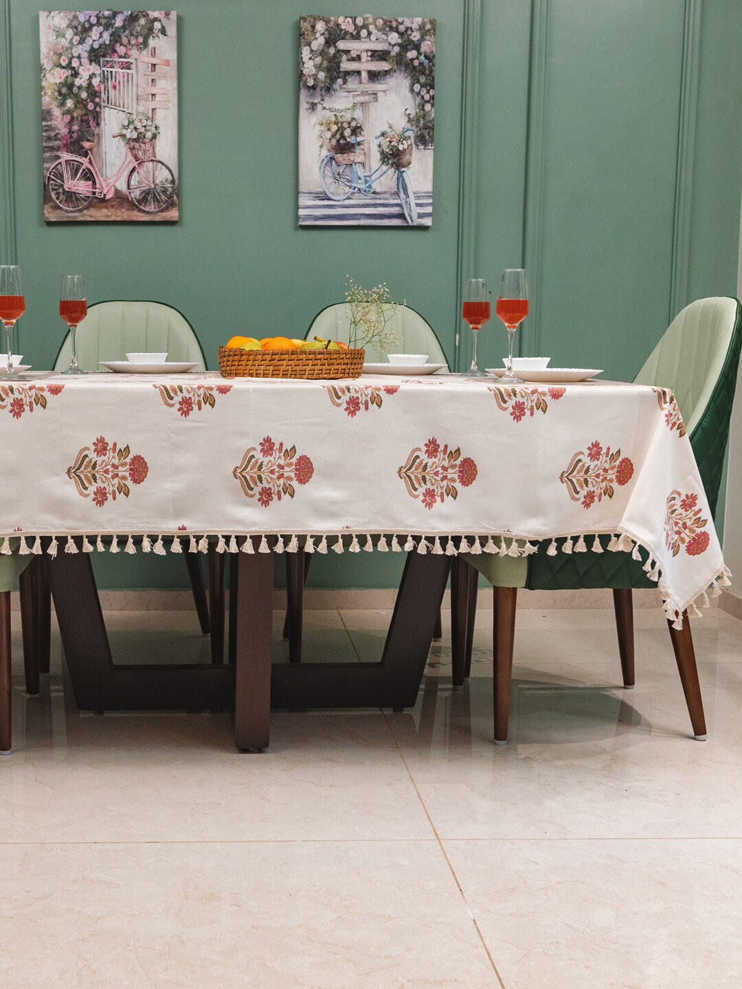 URBAN SPACE Maroon & White Floral Printed Pure Cotton 6-Seater Table Covers