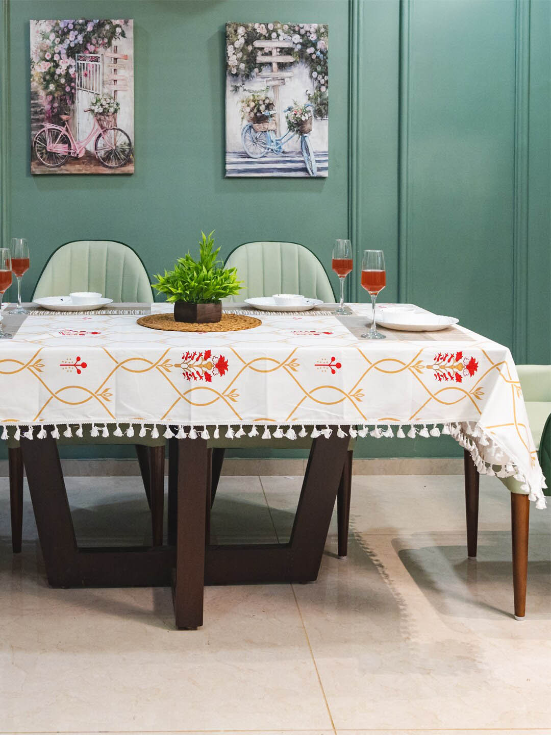 URBAN SPACE Red & White Floral Printed Pure Cotton 6-Seater Table Covers