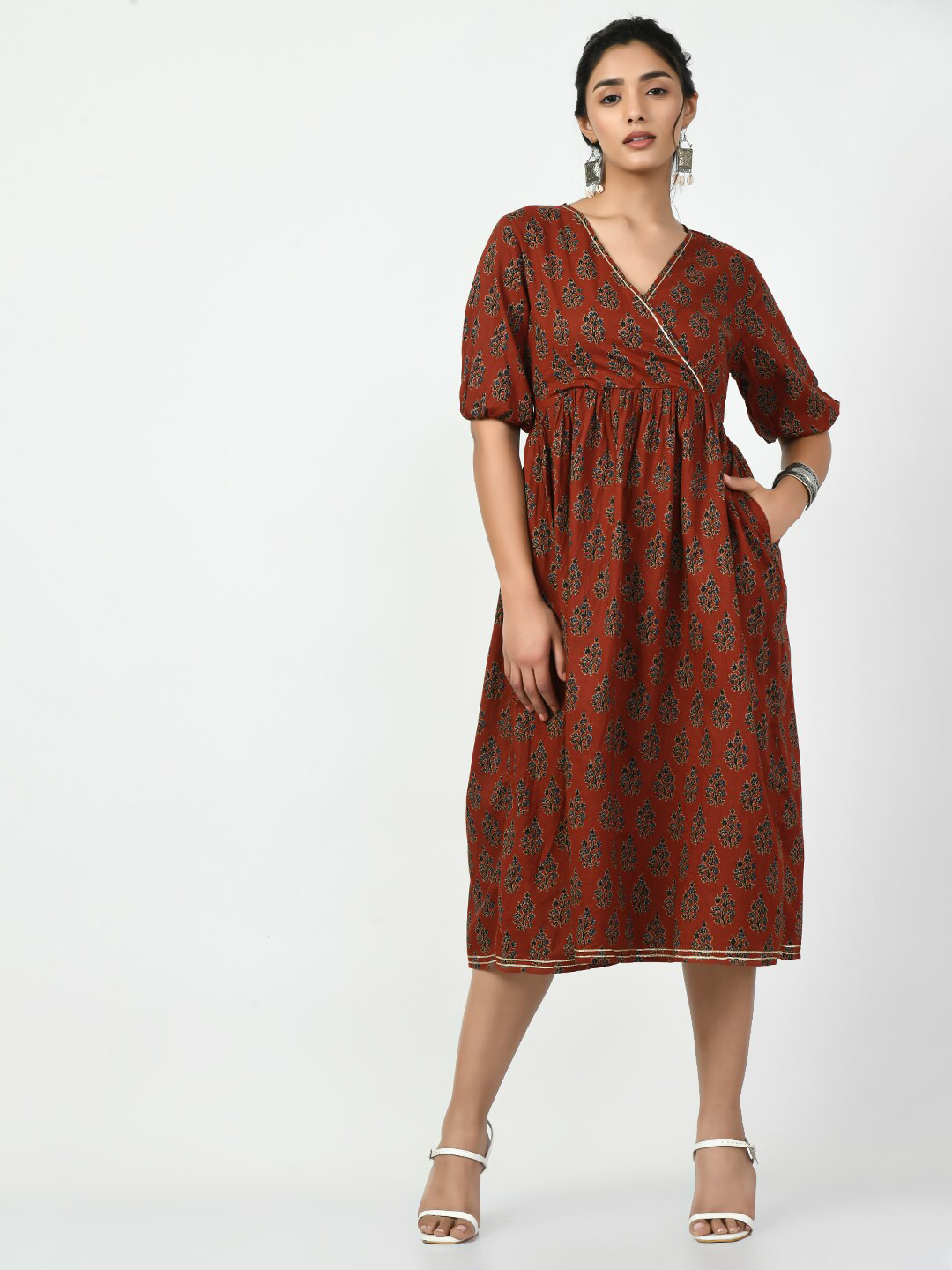 KALINI Ethnic Motifs Printed V-Neck Puff Sleeve Empire Ethnic Dress
