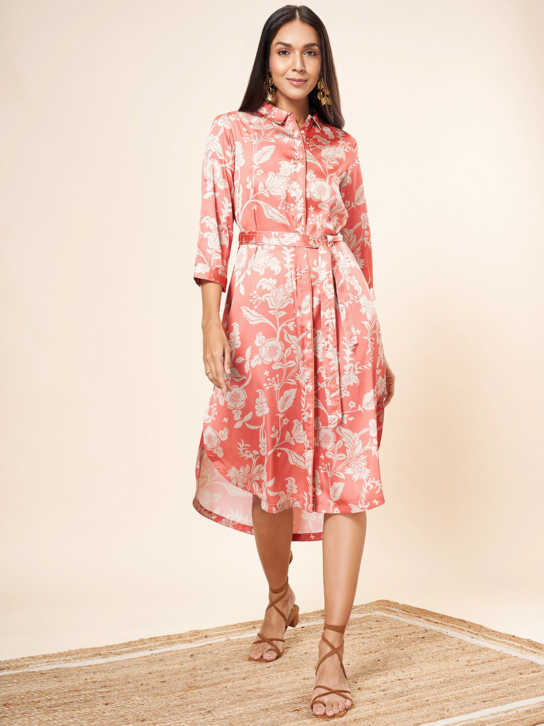 Marigold Lane Floral Printed Shirt Collar Gathered Shirt Midi Dress