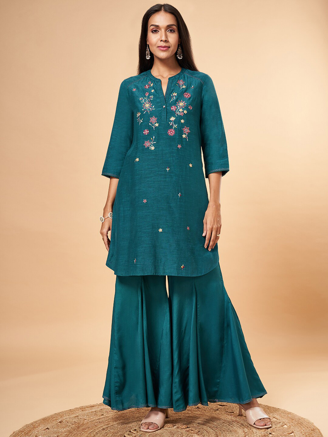 Marigold Lane Floral Embroidered Regular Linen Kurta With Sharara