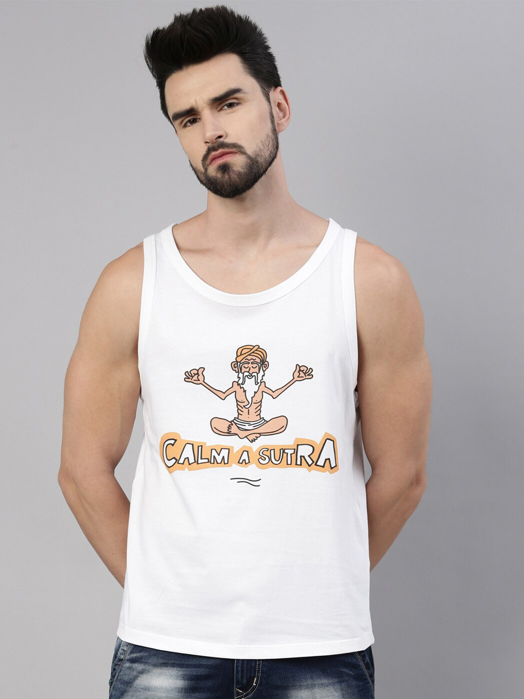 Bushirt Calma Sutra Calmasutra White Sleevesless Graphic Printed Cotton T-shirt