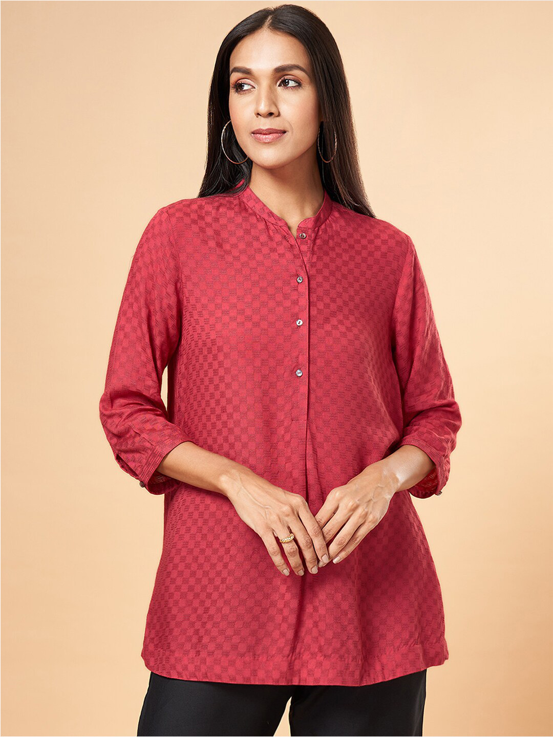 Marigold Lane Self Design Band Collar Shirt Style Top