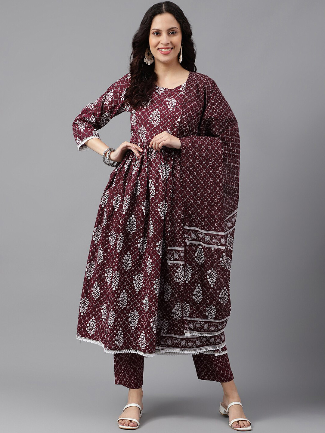 SAABHI Ethnic Motifs Printed Regular Anarkali Pure Cotton Kurta With Palazzos & Dupatta