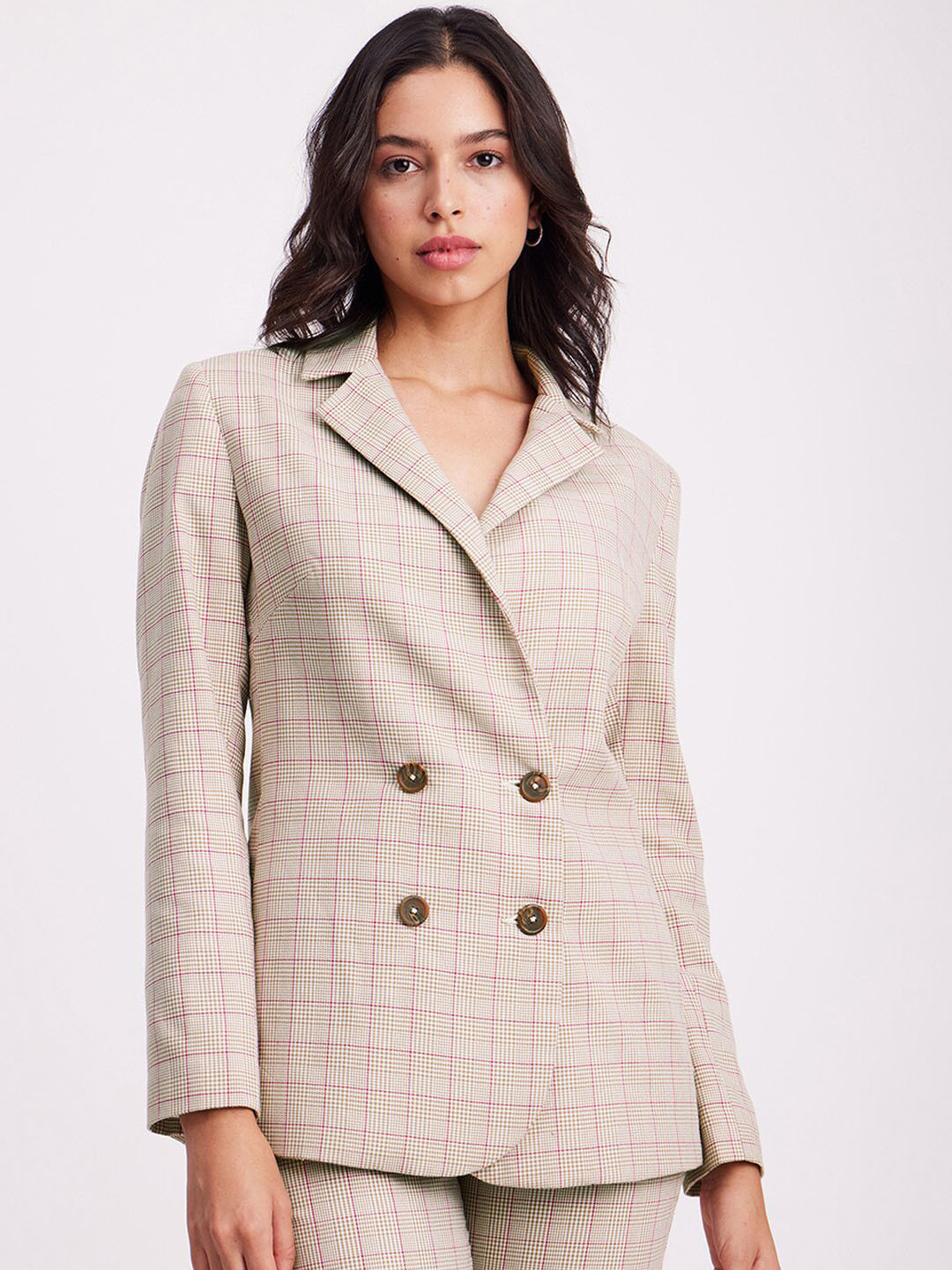FableStreet Checked Tailored-Fit Double-Breasted Blazer