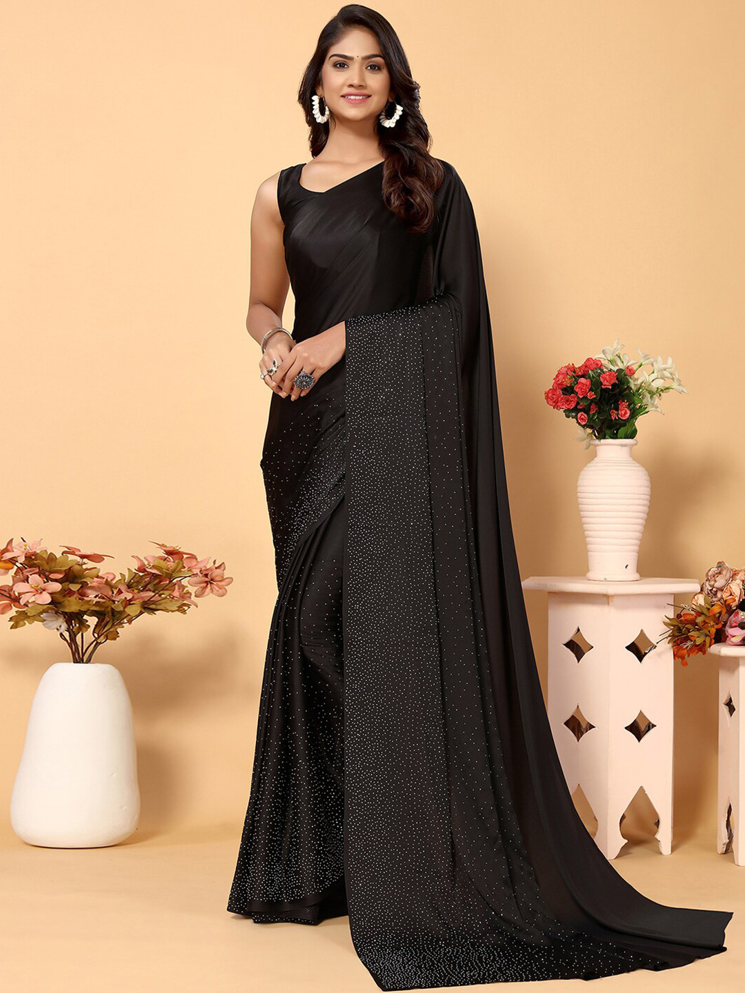 Mitera Black Embellished Beads and Stones Satin Saree
