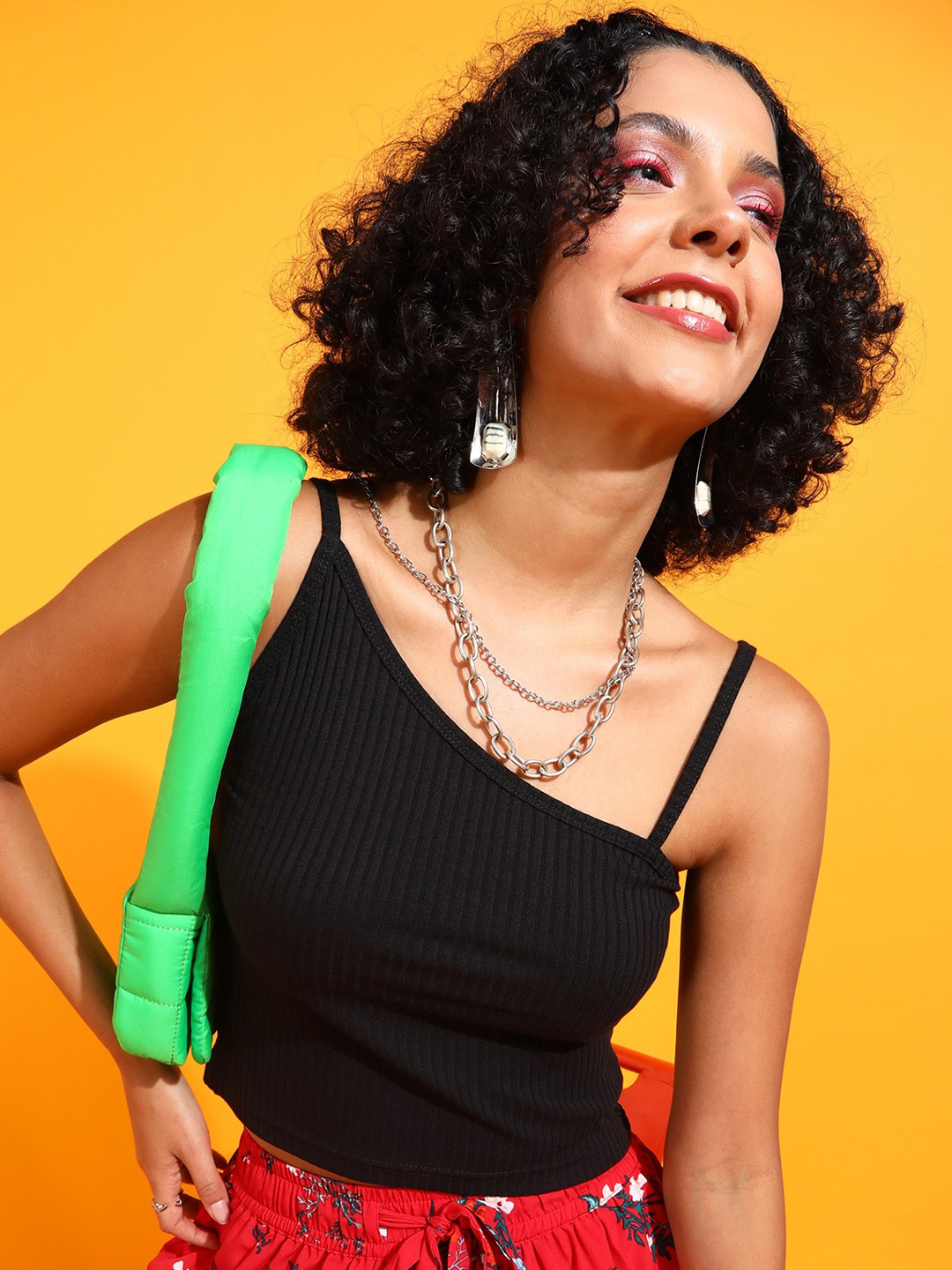 Popwings Black Rib Shoulder Strap Crop Top