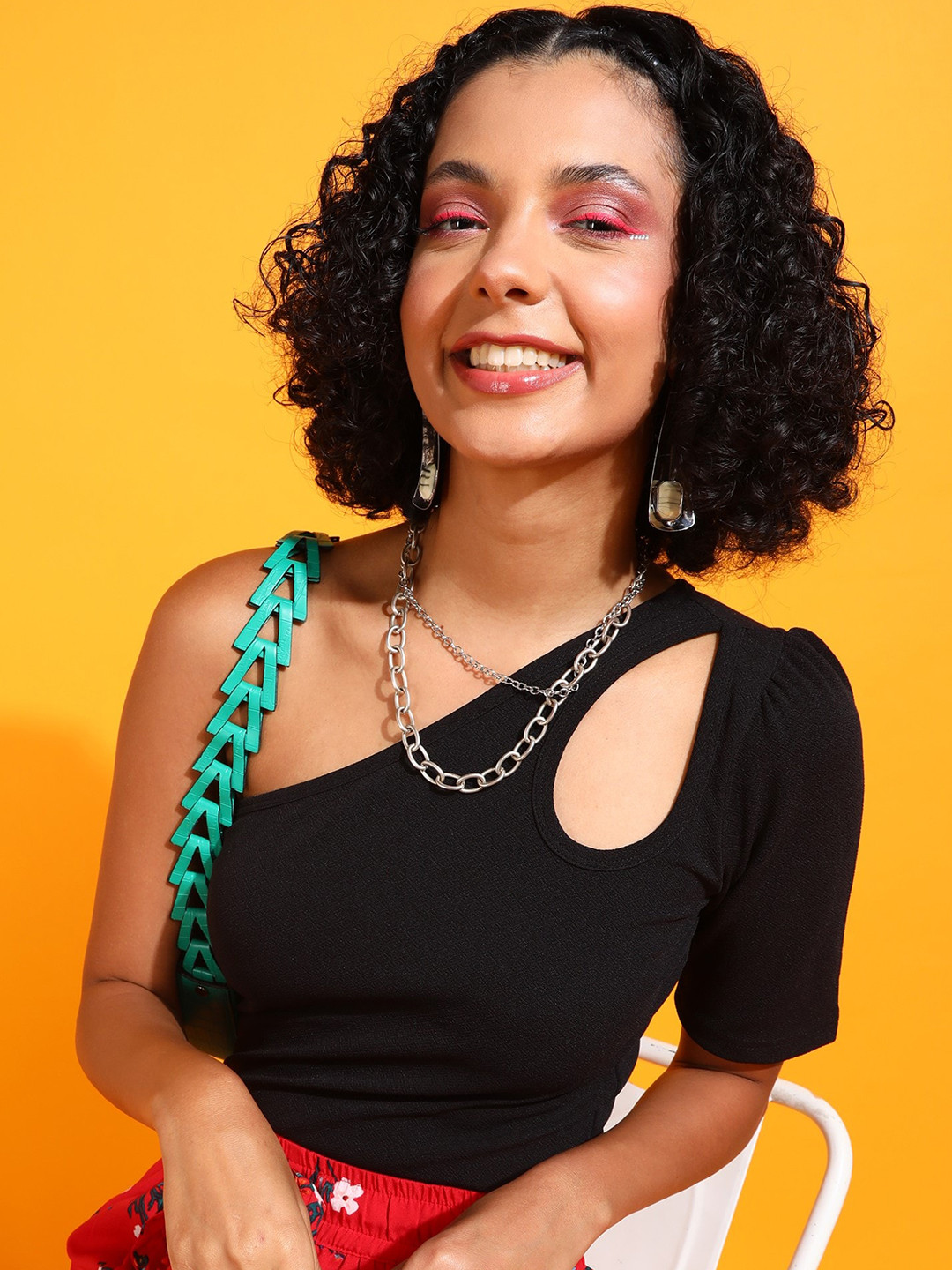 Popwings Black One Shoulder Puff Sleeve Cut Out Regular Top