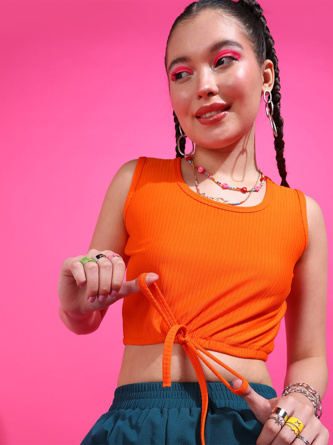 Popwings Orange Sleeveless Gathered  Crop Top
