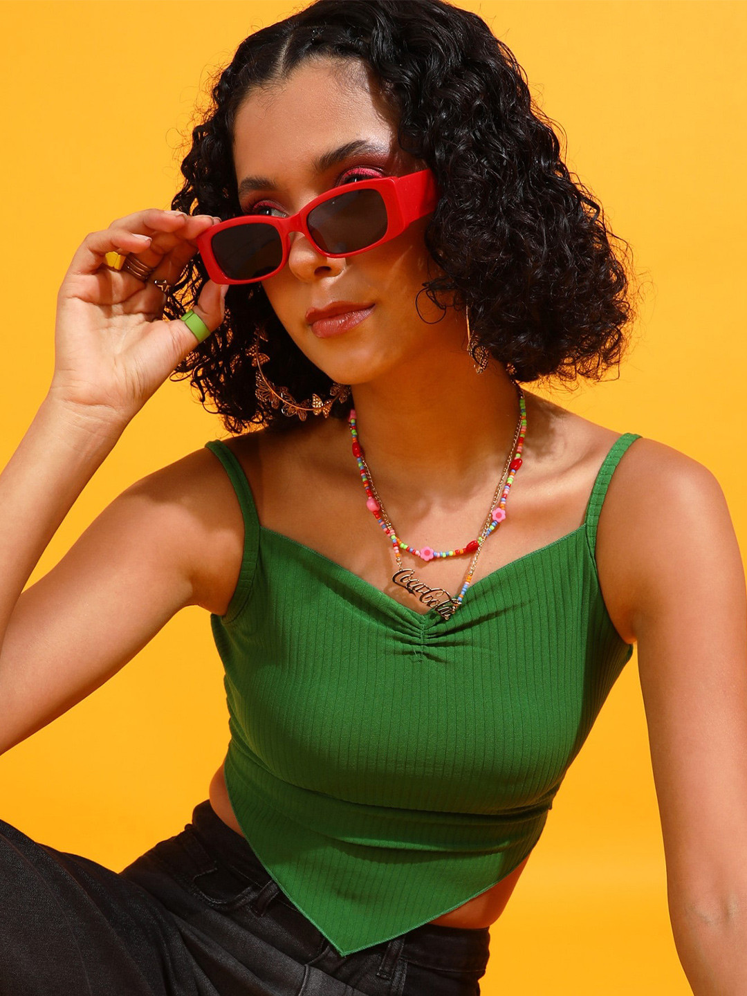 Popwings Green Rip Sweetheart Neck Crop Top