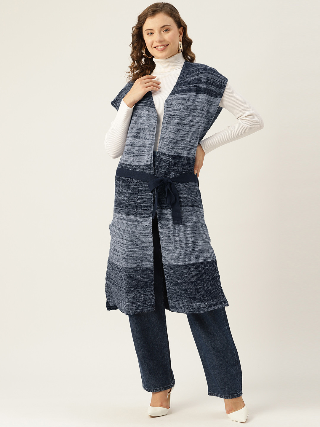 American Eye Acrylic Colourblocked Open Front Longline Sweater with Belt