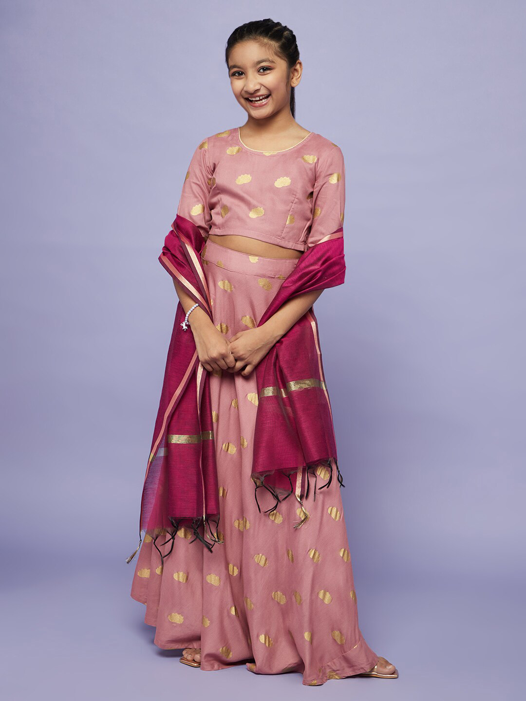 Aks Kids Girls Foil Printed Ready to Wear Lehenga Choli With Dupatta