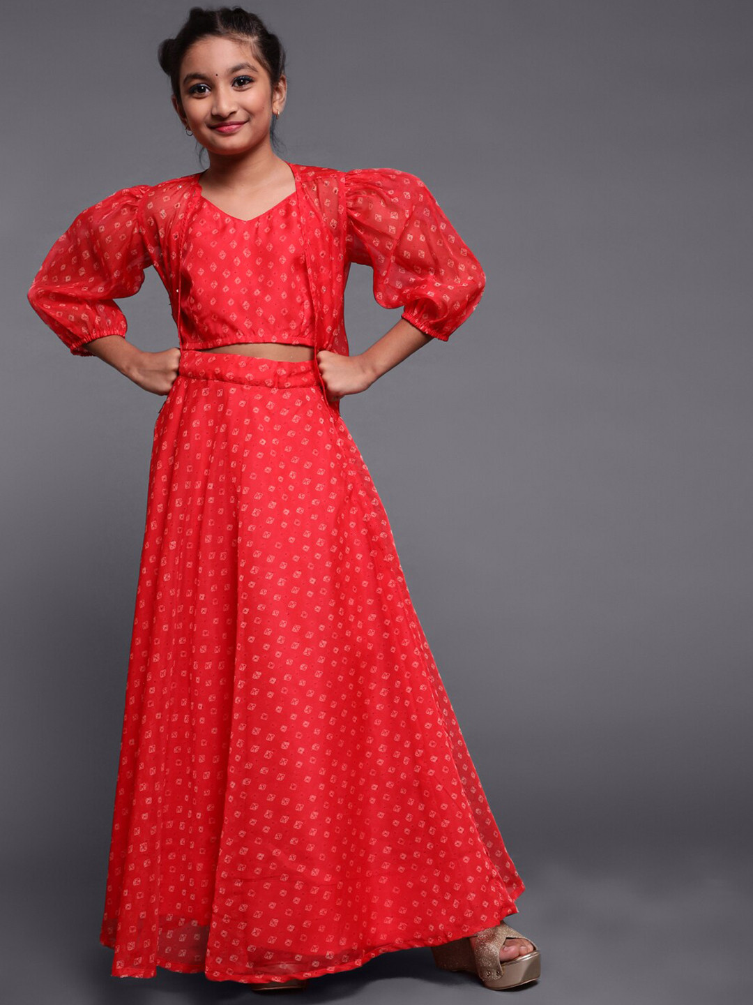 Aks Kids Girls Printed Ready to Wear Lehenga Choli With Jacket