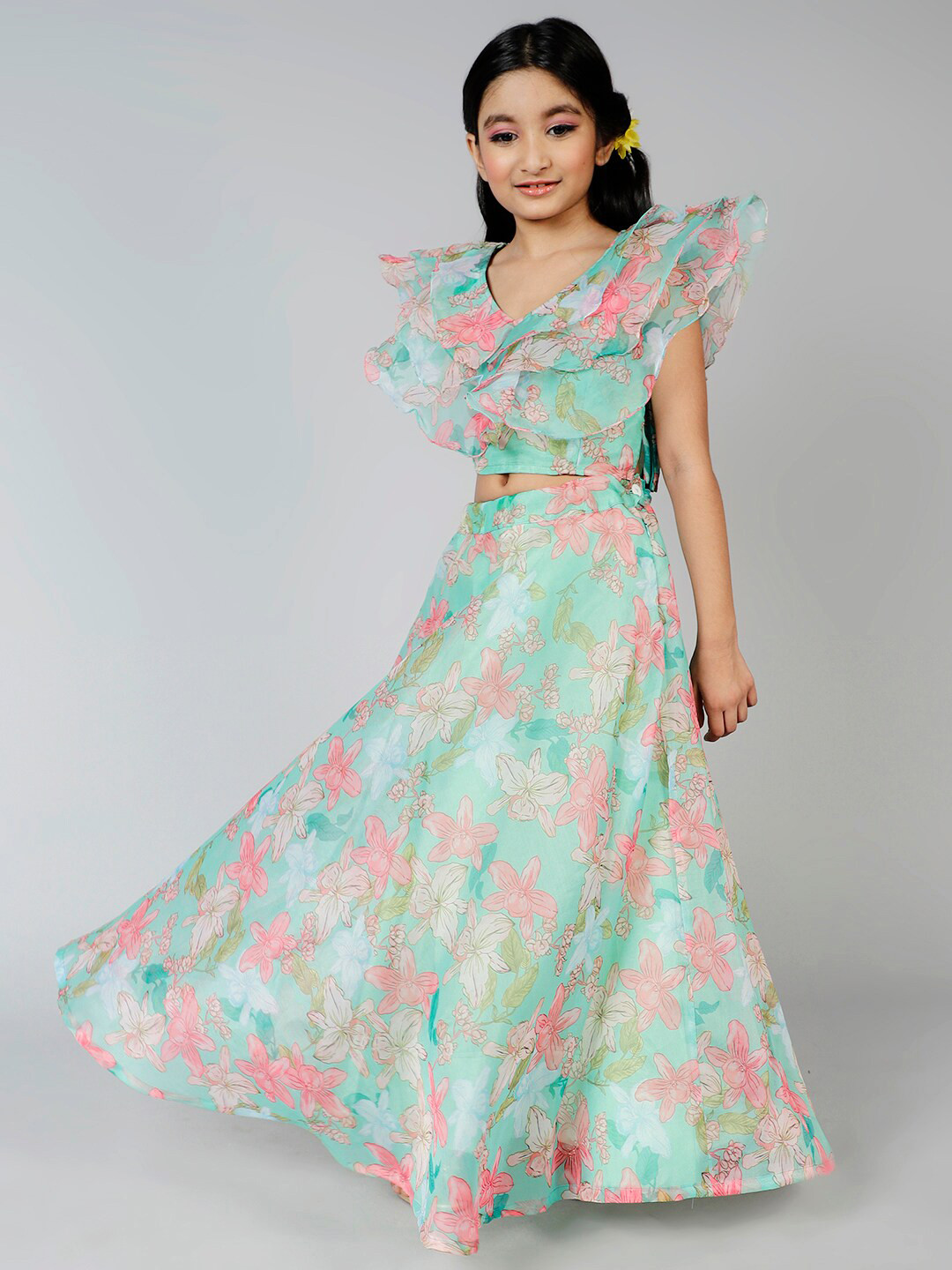 Aks Kids Girls Floral Printed Ready to Wear Flared Sleeves Lehenga Choli