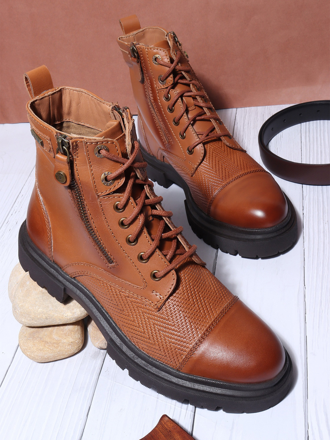 EZOK Men Mid Top Leather Platform Heel Regular Boots