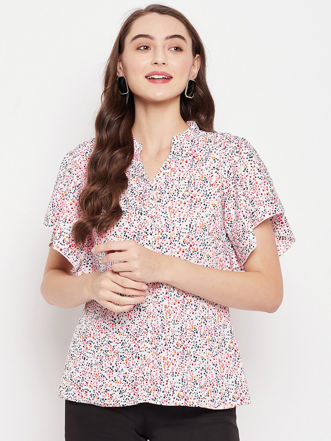 STYLE BLUSH Abstract Print Mandarin Collar Crepe Top