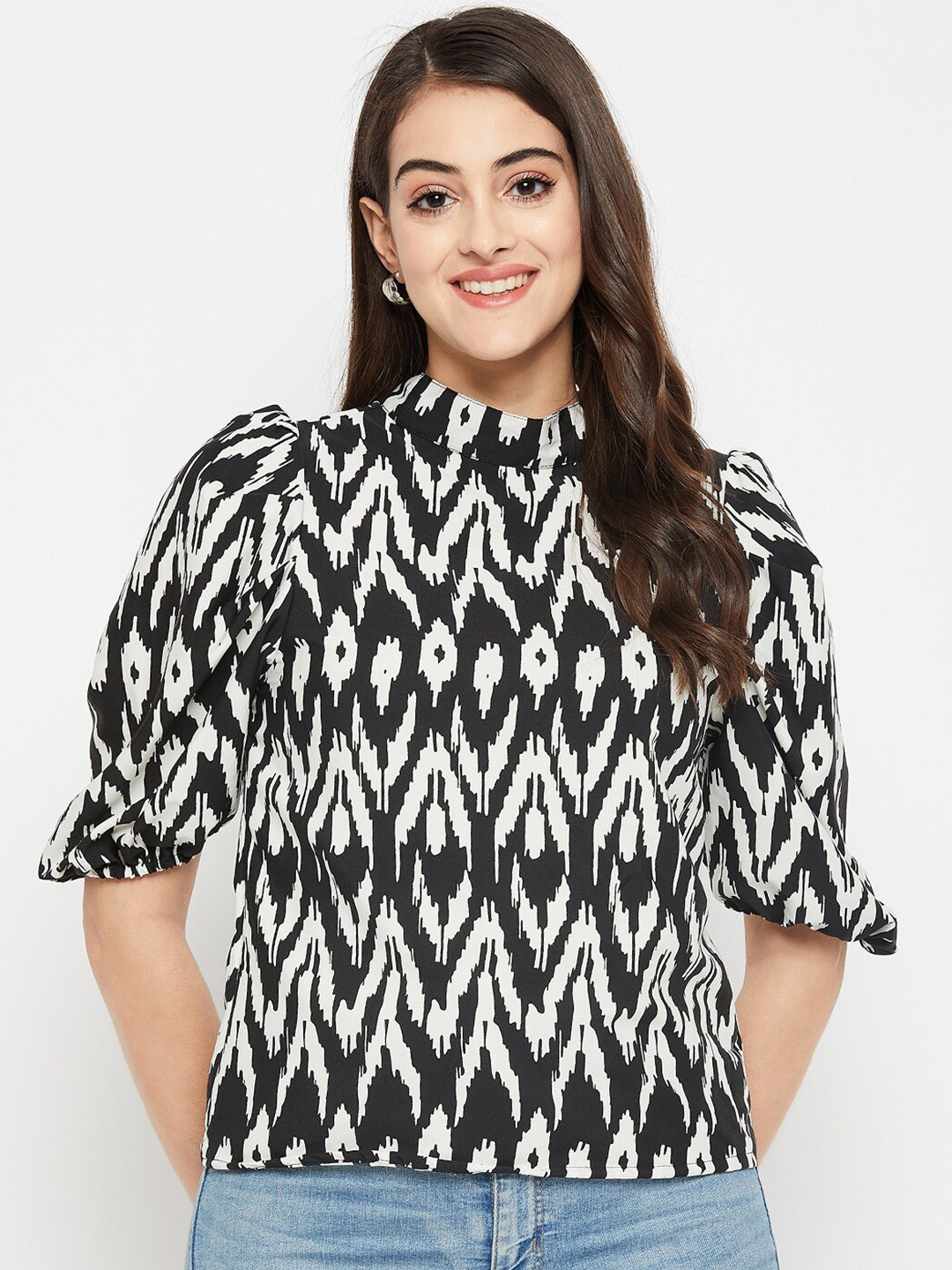 STYLE BLUSH Abstract Printed Mandarin Collar Puff Sleeves Top