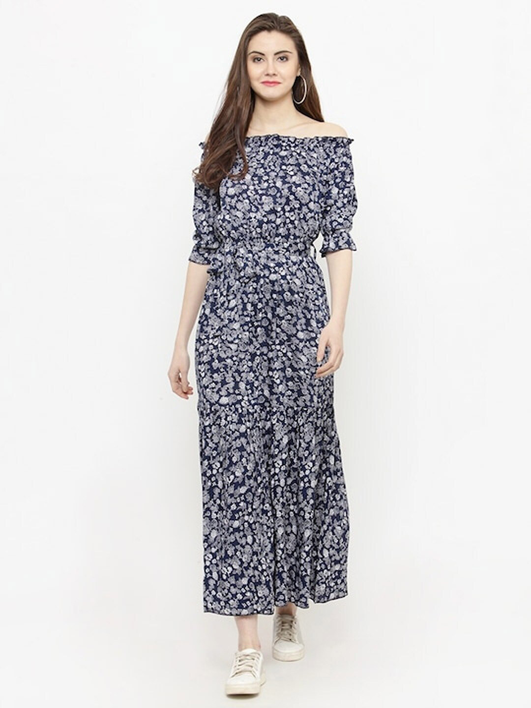 Sera Blue Floral Printed Off-Shoulder Tiered Maxi Dress