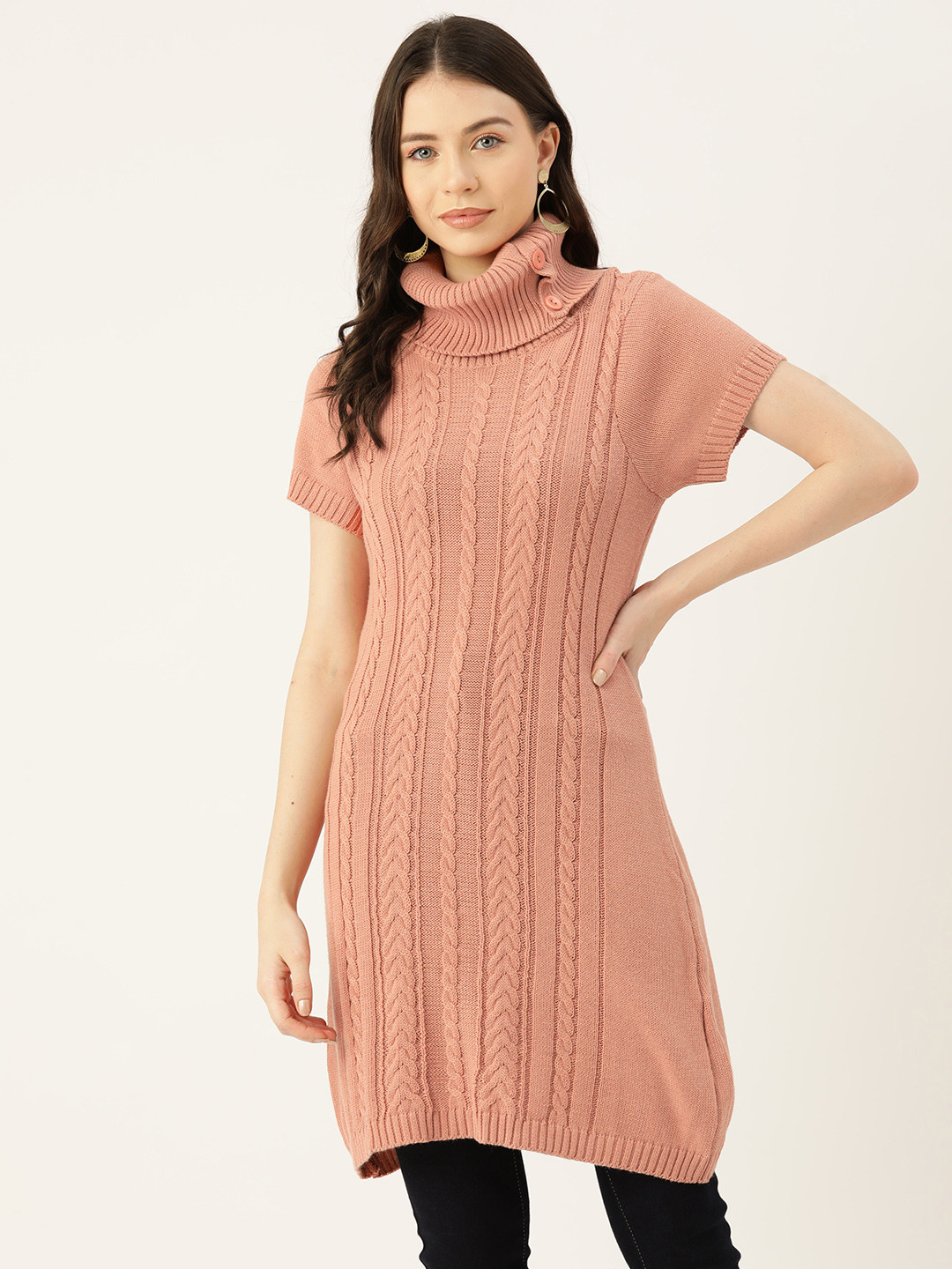 American Eye Women Peach-Coloured Cable Knit Longline Pullover