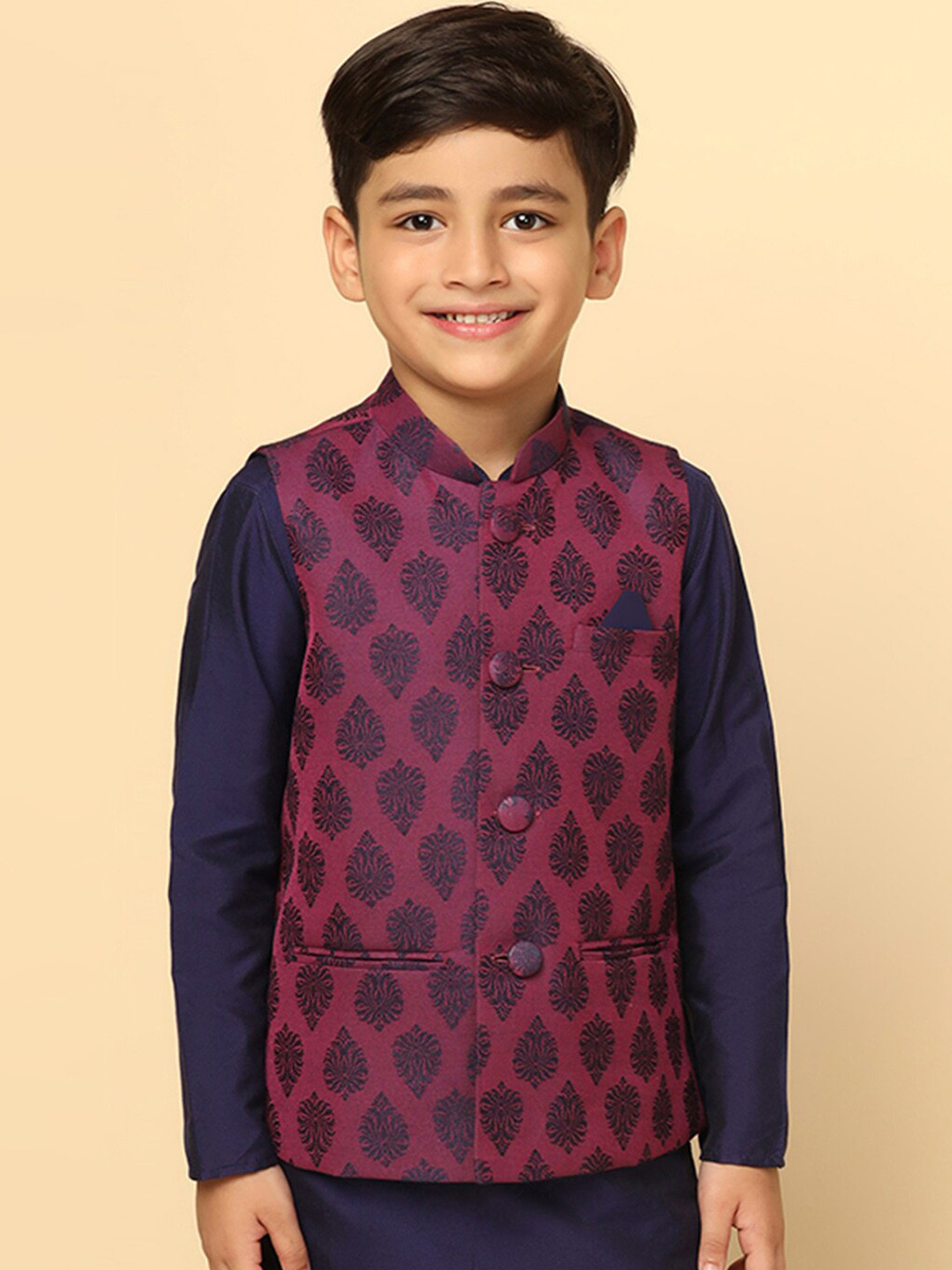 KISAH Boys Ethnic Motifs Textured Regular Fit Nehru Jacket