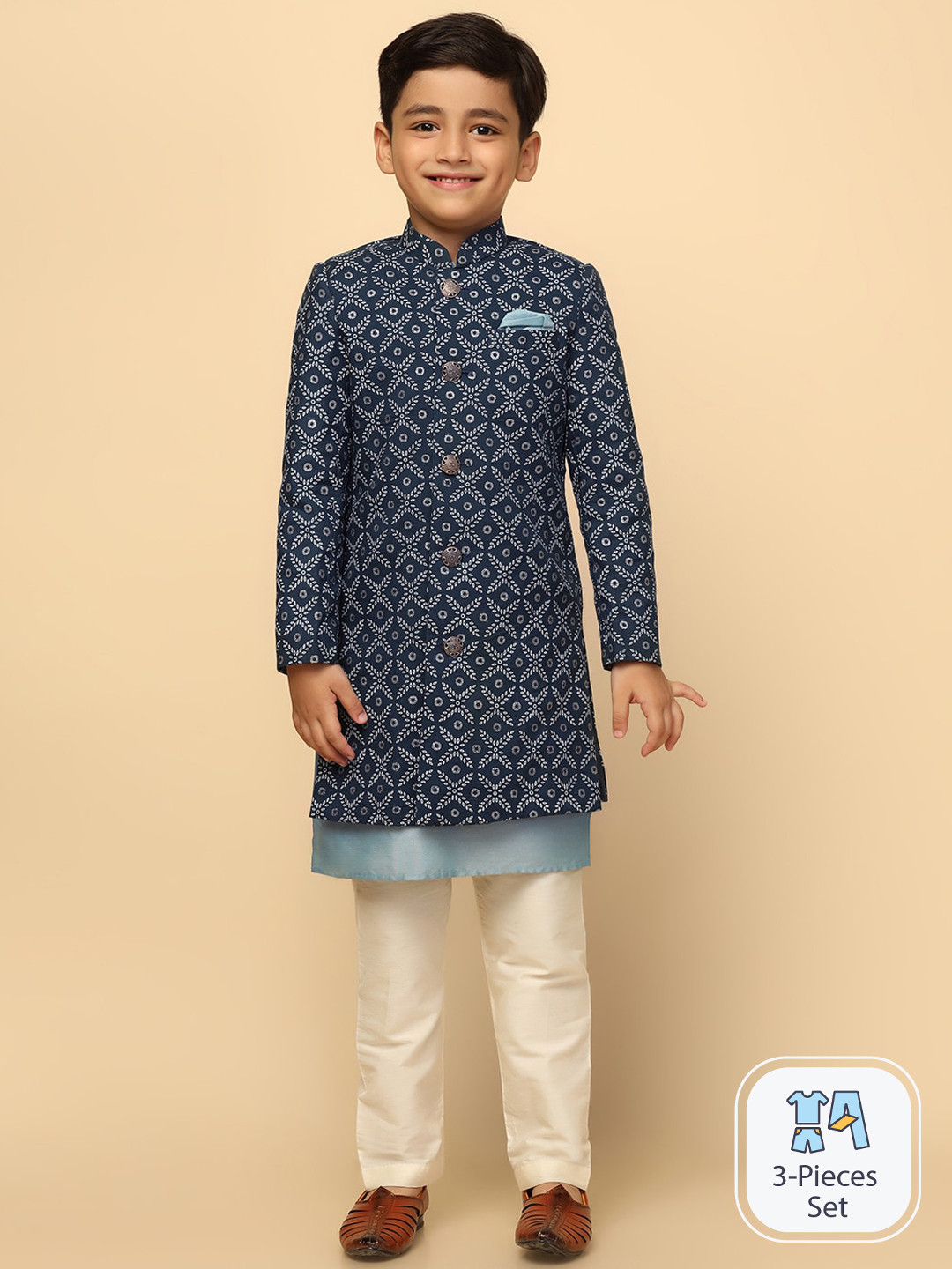 KISAH Men Boys Floral Printed Mandarin Collar Cotton Indowestern Sherwani Set