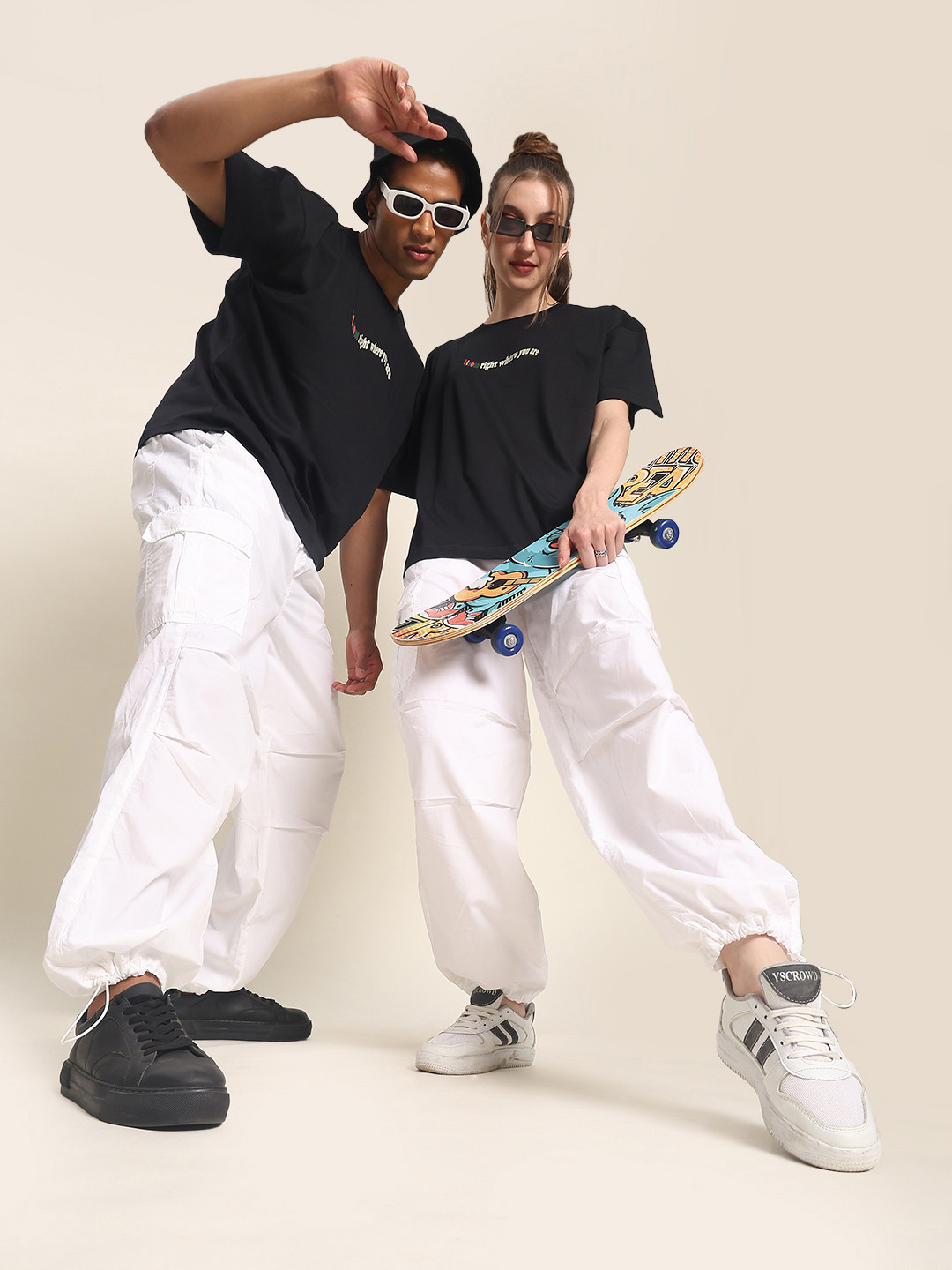 Bene Kleed Unisex White Parachute Fit Cotton Cargos Trousers