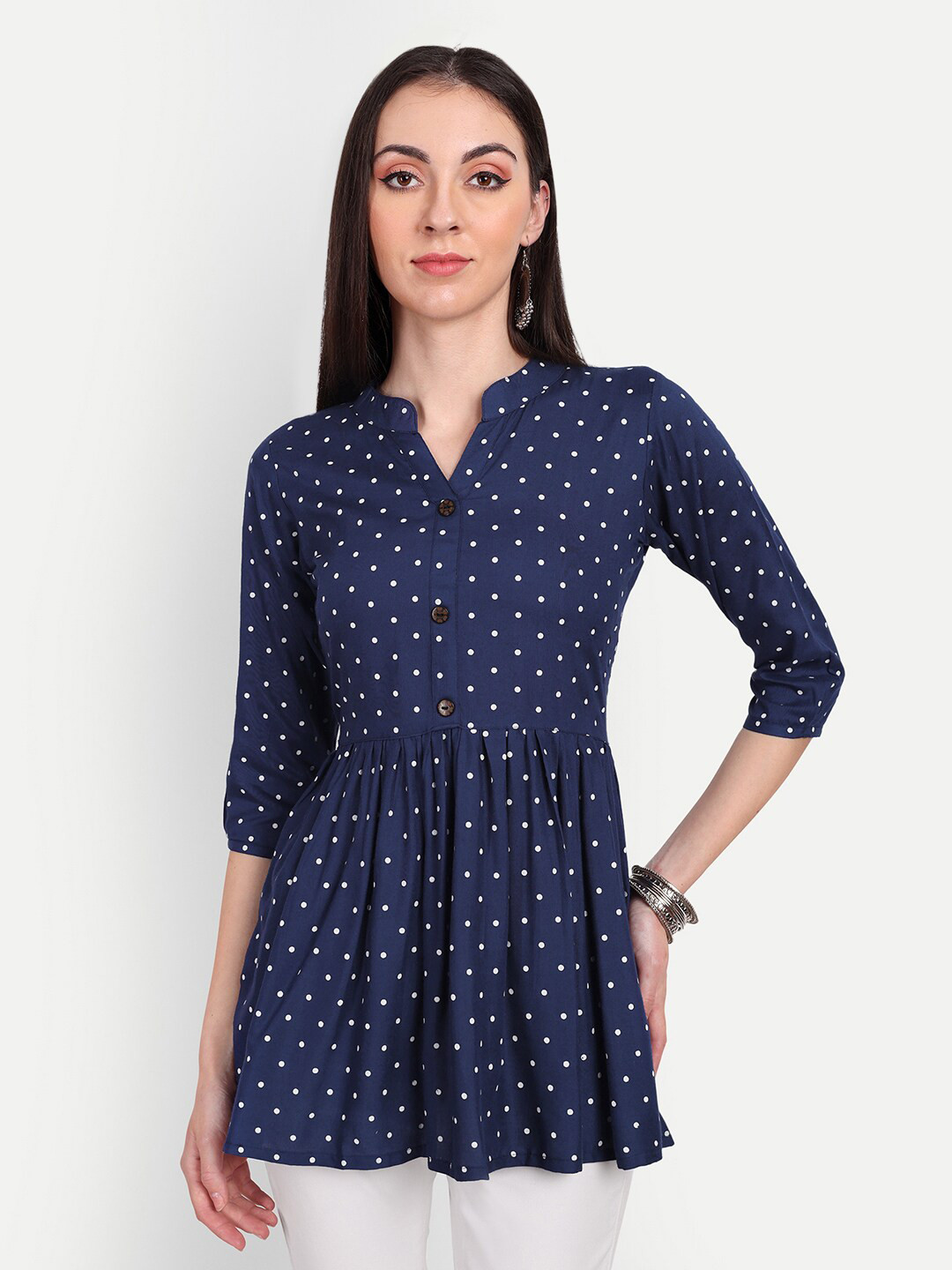 HANUMNTRA Polka Dot Printed V-Neck Longline A-Line Top