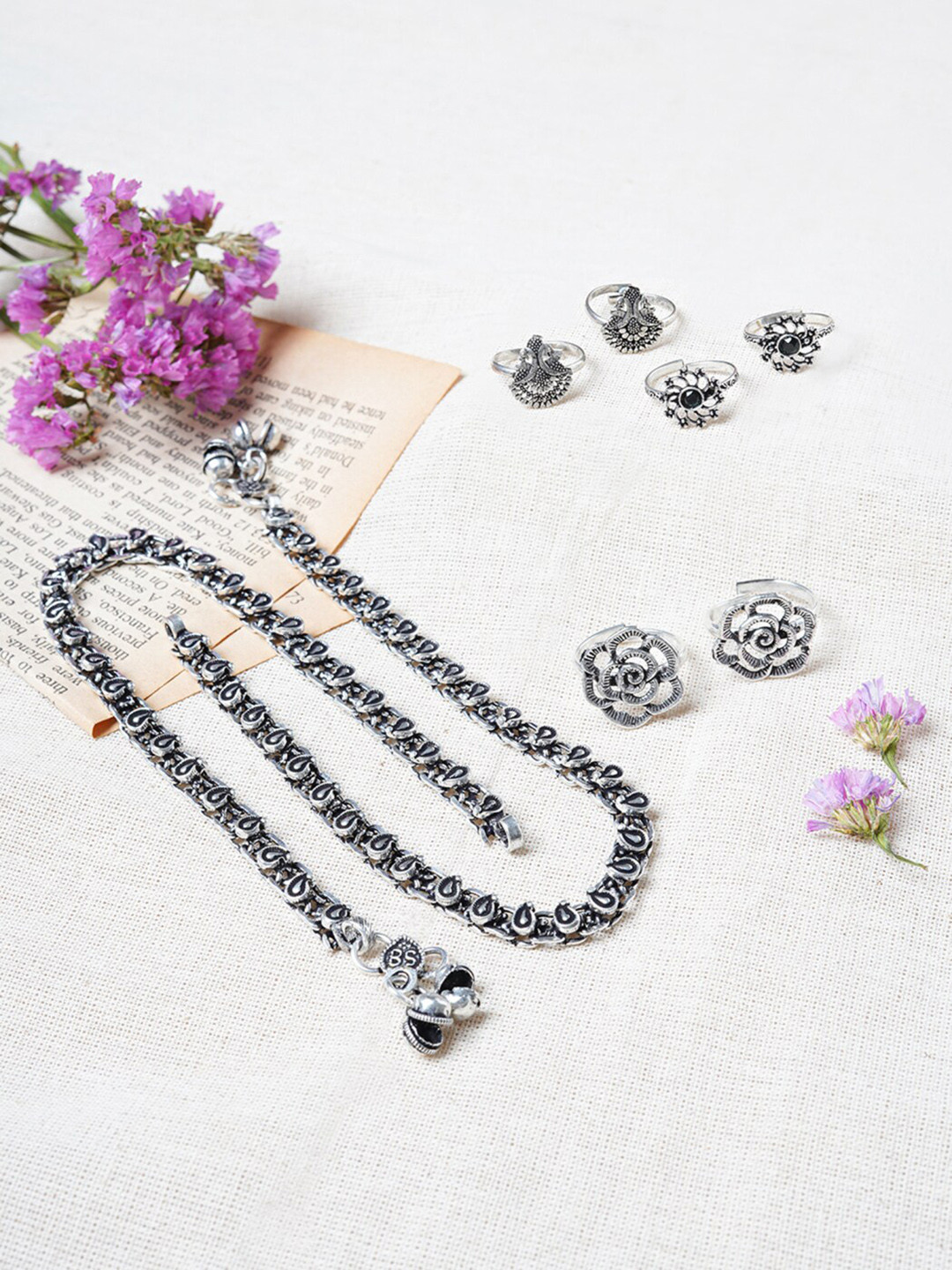 TEEJH Set Of 3 Silver-Plated Anklet With Toe Ring