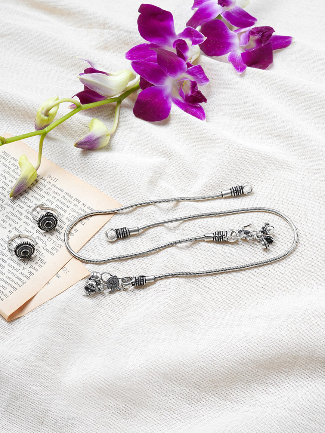 TEEJH Silver-Plated Anklet With Toe Ring