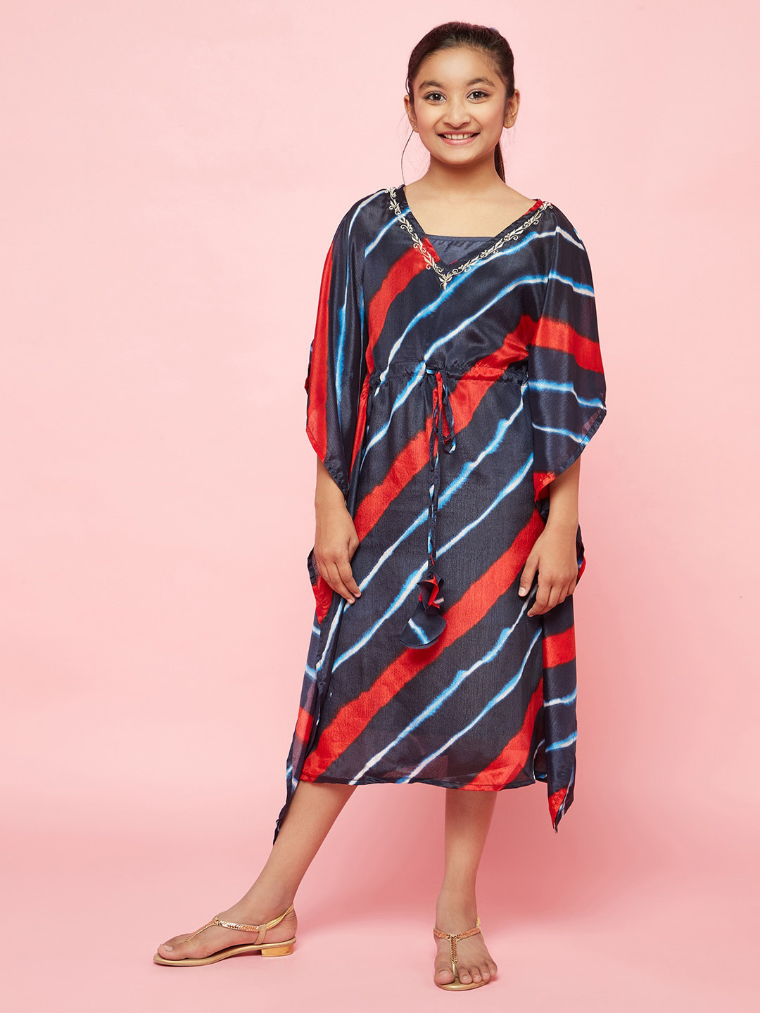 Aks Kids Girls Striped Kimono Sleeve Kaftan Midi Dress