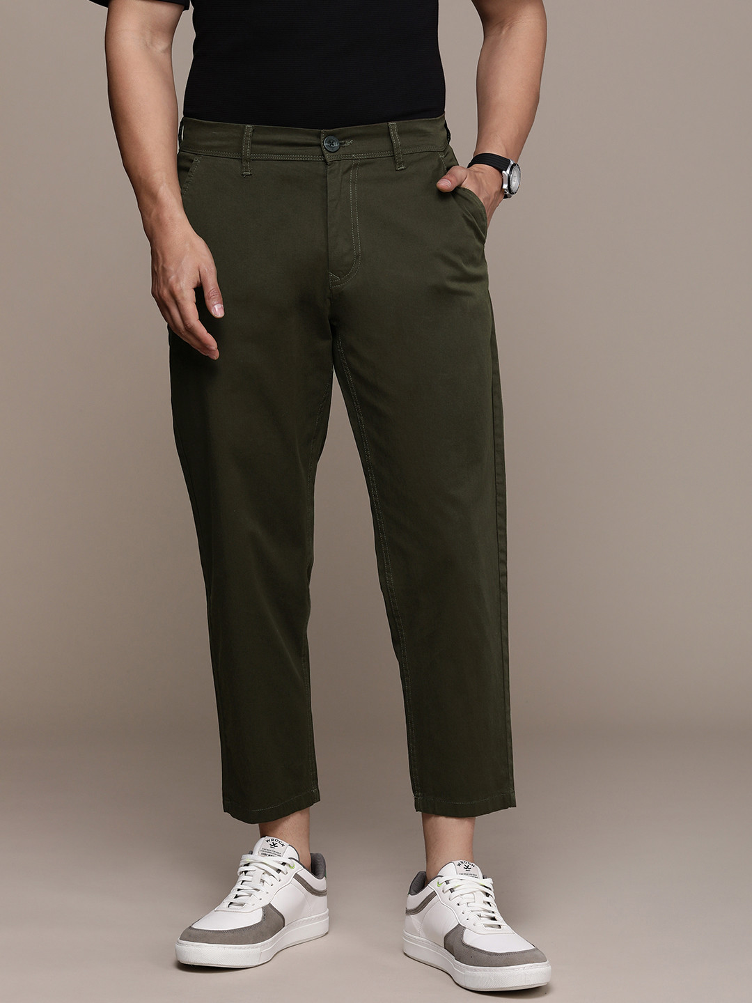 WROGN Men Tapered Fit Cropped Chinos Trousers