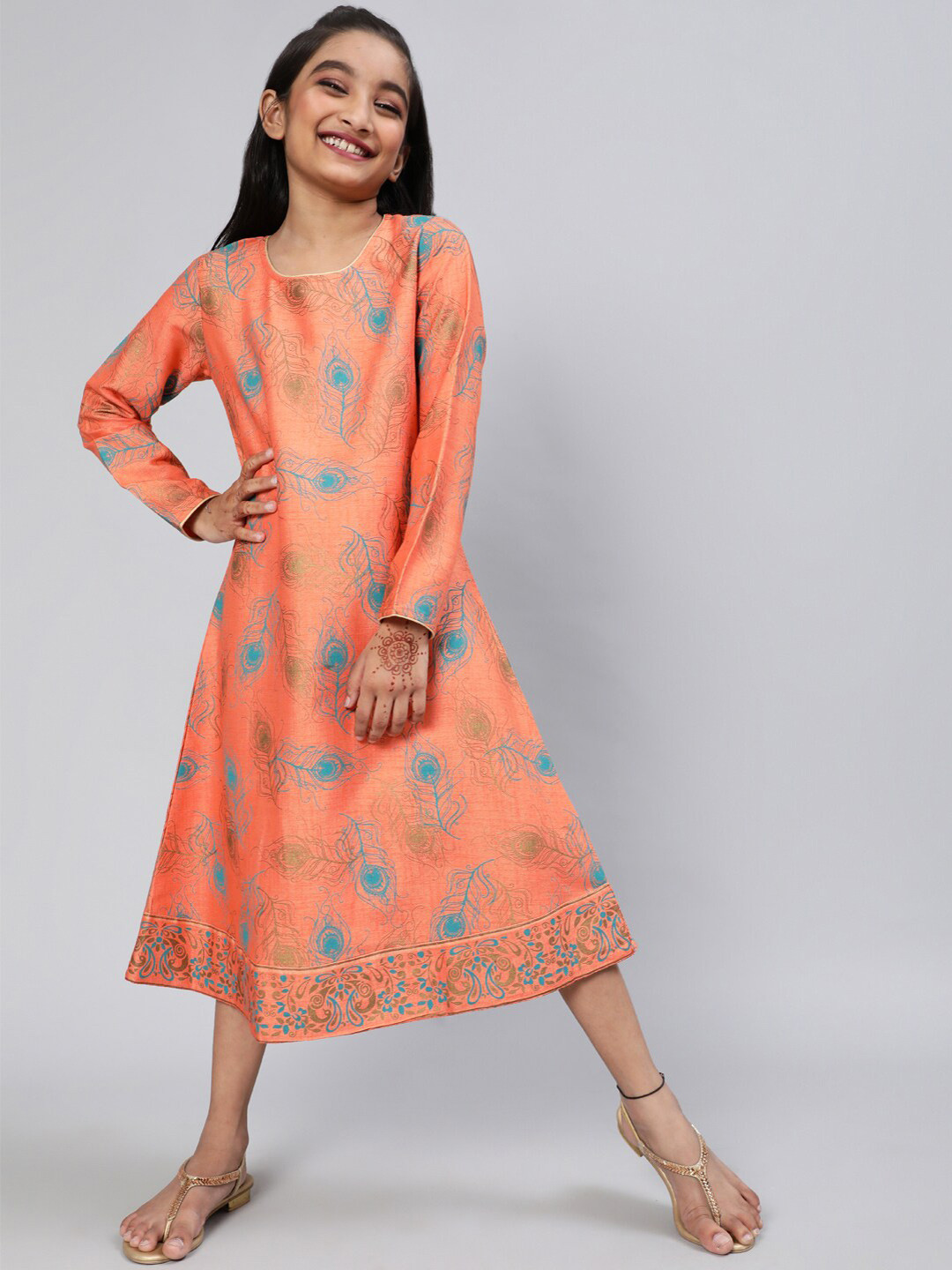 Aks Kids Ethnic Motifs Printed A-Line Midi Dress