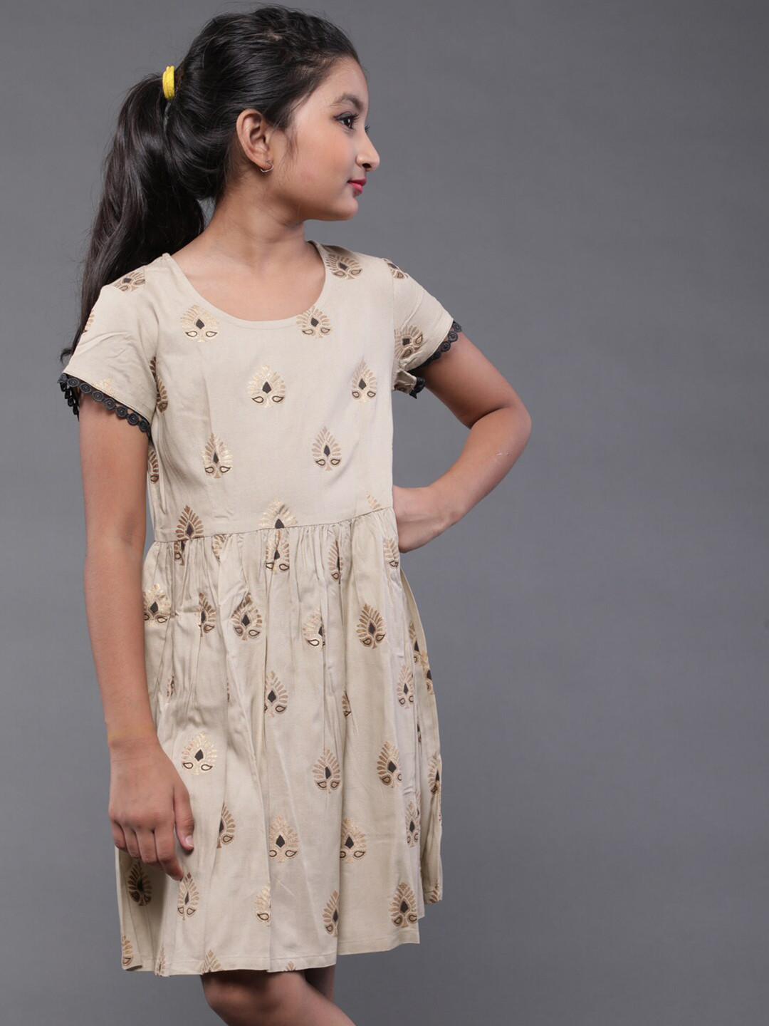 Aks Kids Beige Print Fit & Flare Dress