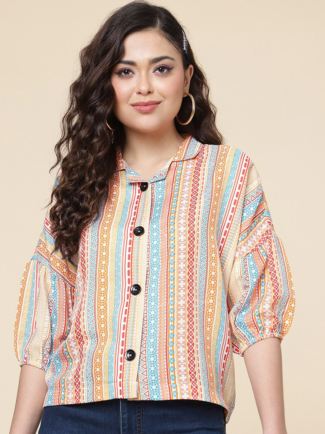 CLEMIRA Tribal Printed Puff Sleeve Shirt Style Top