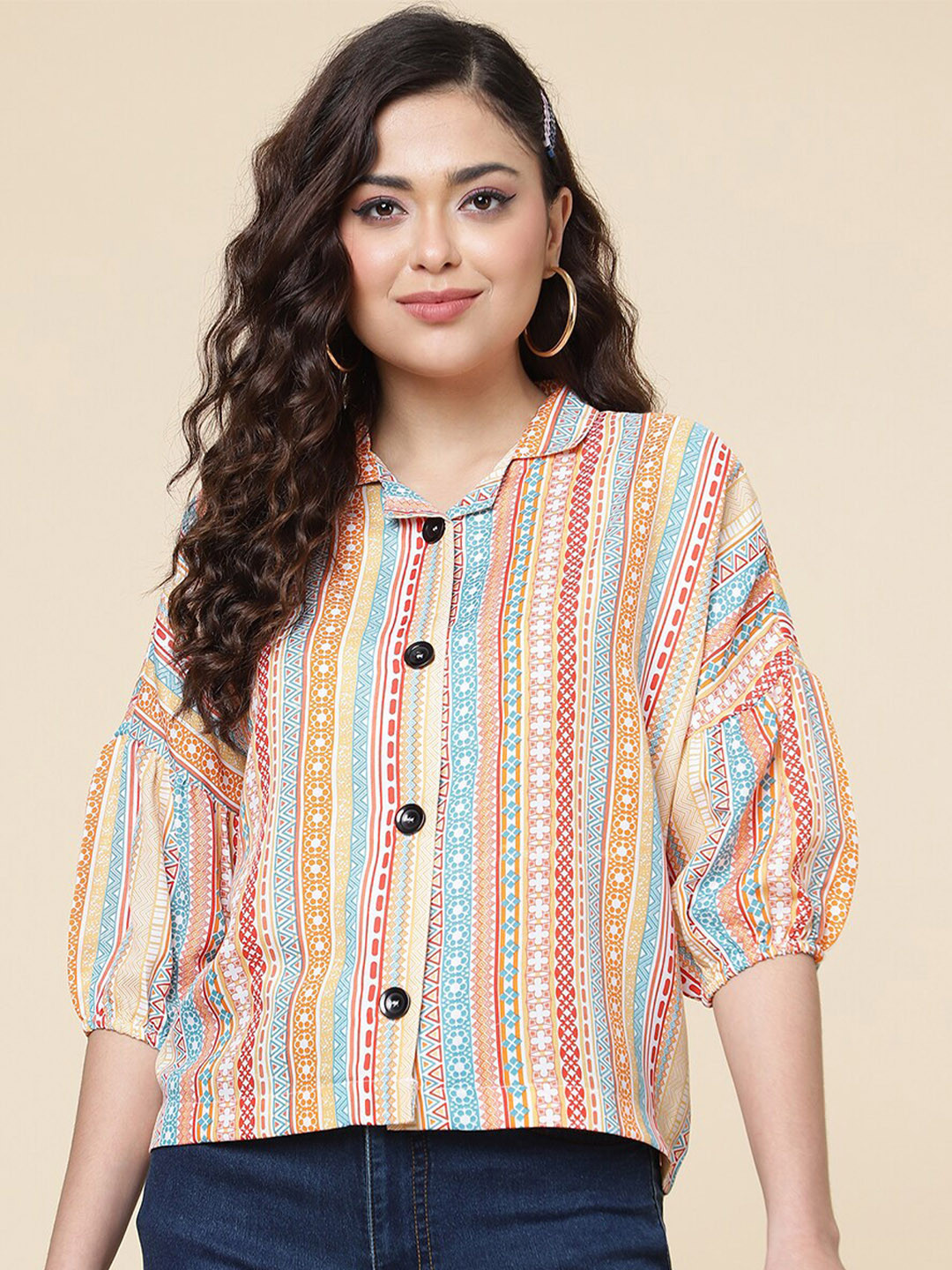 CLEMIRA Striped Print Shirt Collar Puff Sleeve Top