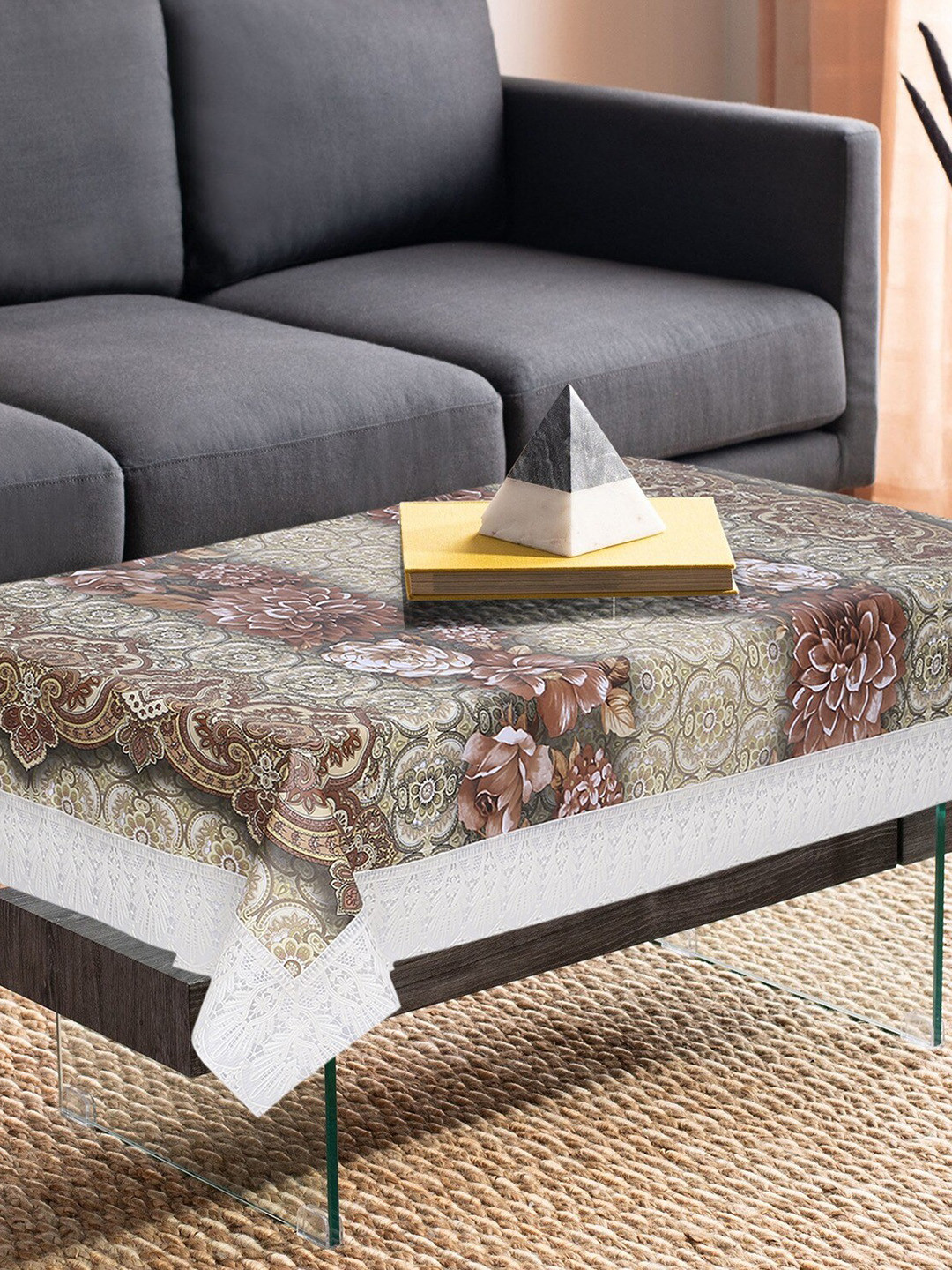 Dakshya Industries White & Brown Printed 4 Seater Table Cover