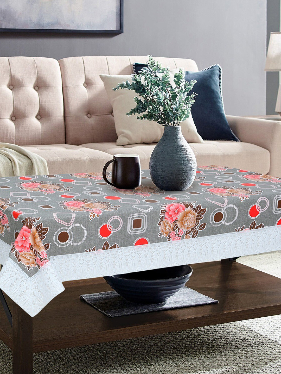 Dakshya Industries Grey & Red Printed PVC 4-Seater Table Cover