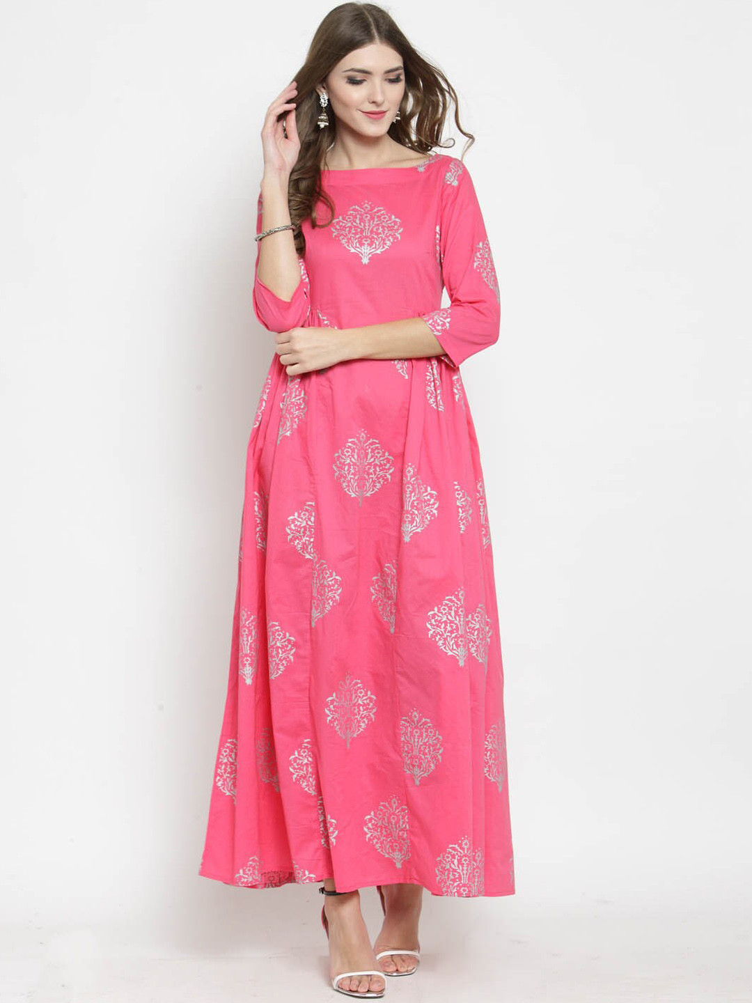 Sera Women Pink & Silver Toned Ethnic Printed Boat Neck Anarkali Kurta