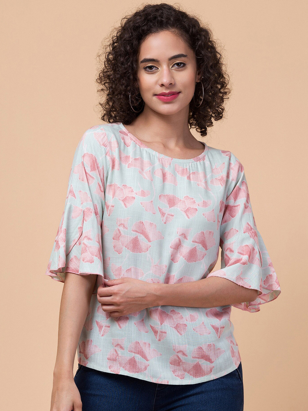 Hive91 Floral Print Round Neck Bell Sleeve Top