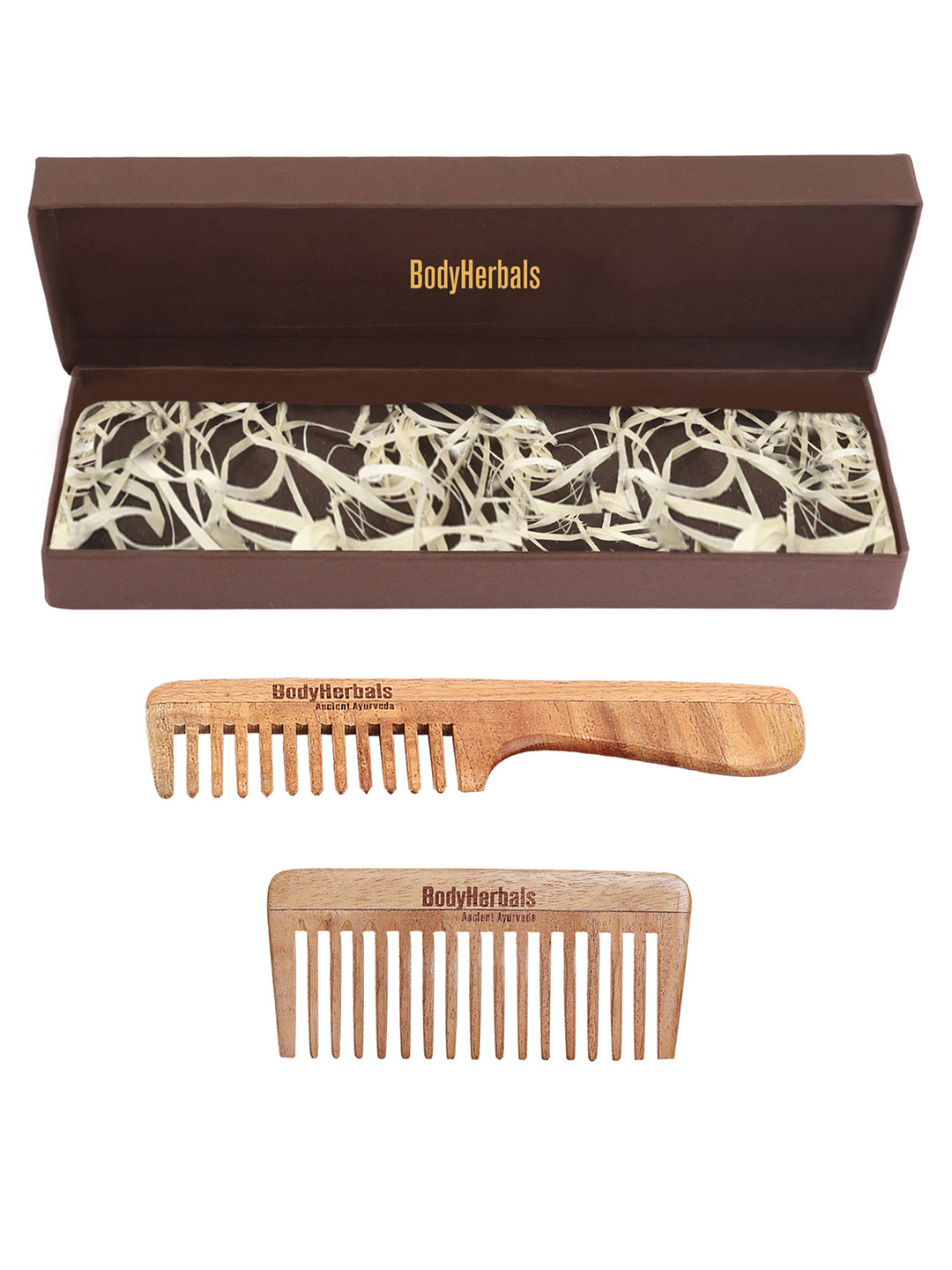 BodyHerbals Set Of 2 Anti Static Handmade Neem Wood Wide Tooth Travel Comb - Rake Comb