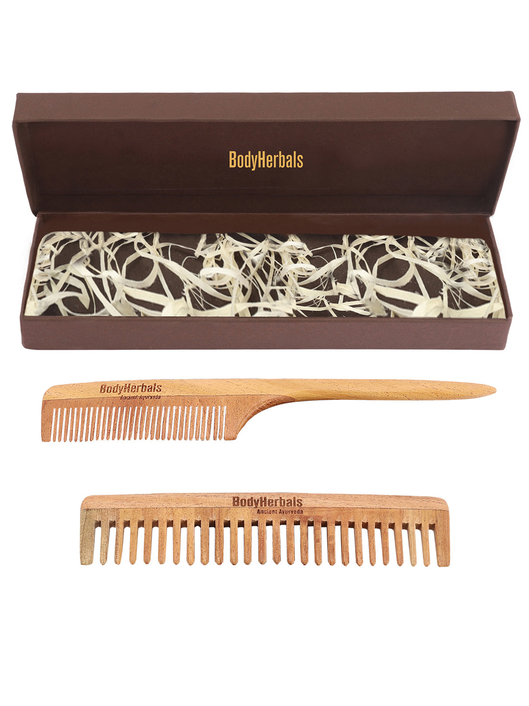 BodyHerbals Set Of 2 Anti Static Handmade Neem Wood Wide Tooth Comb and Tail Comb