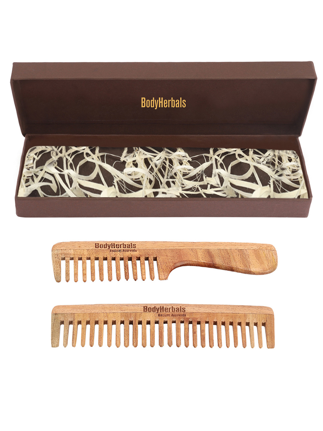 BodyHerbals Set Of 2 Anti Static Handmade Neem Wood Handle Rake & Wide Tooth Comb