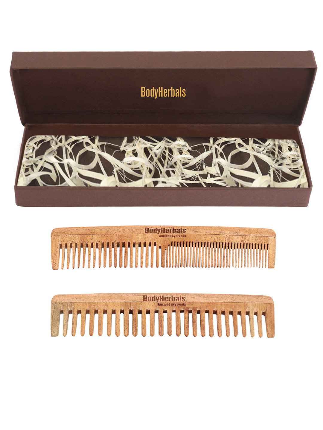 BodyHerbals Set Of 2 Anti Static Handmade Neem Wood Double Tooth & Wide Tooth Comb