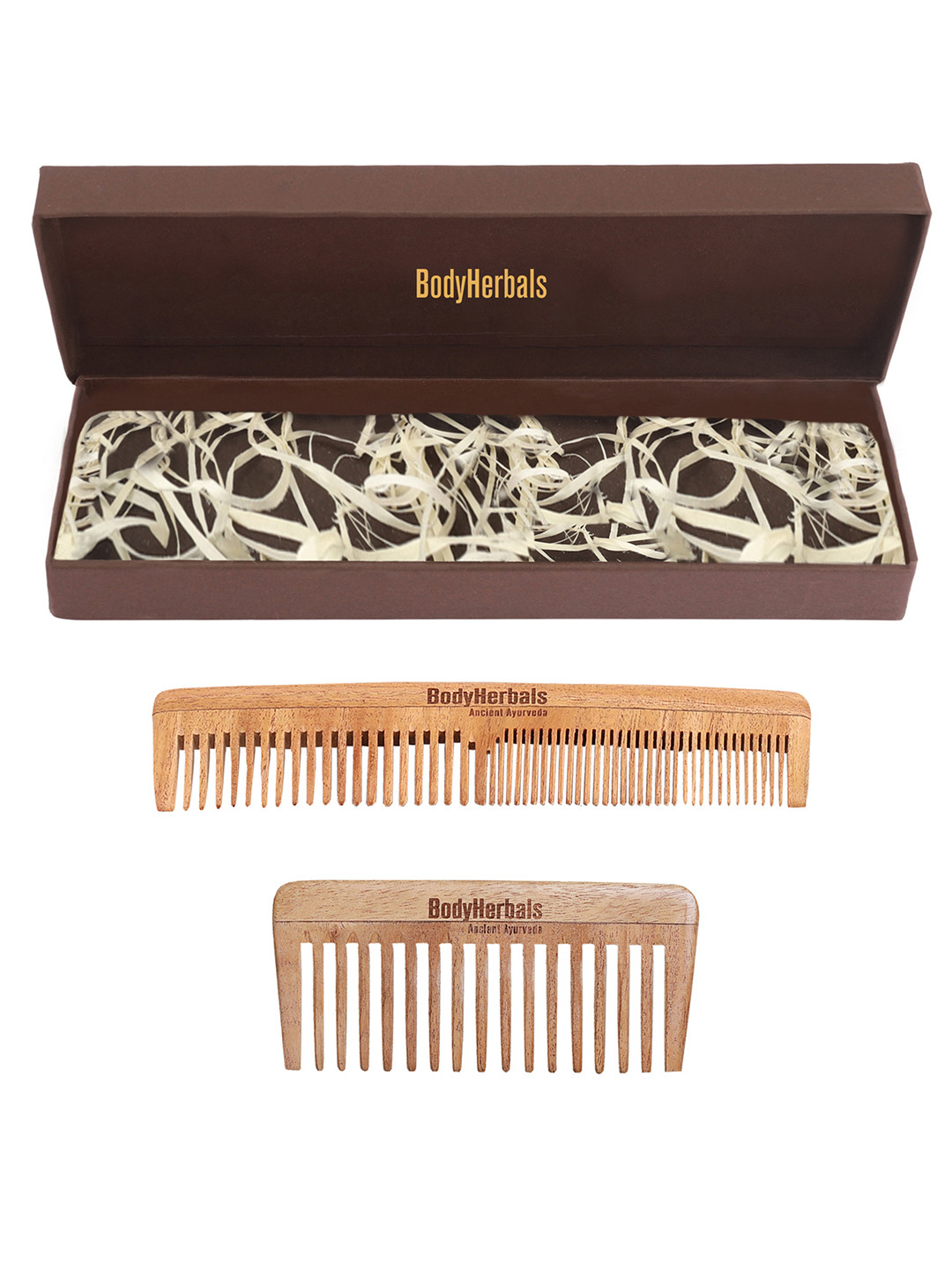 BodyHerbals Set Of 2 Anti Static Handmade Neem Wood Wide Tooth & Double Tooth Comb