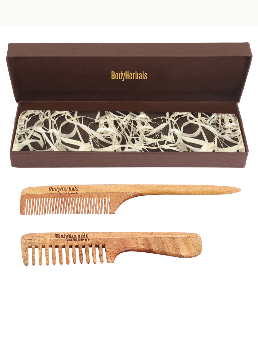 BodyHerbals Set Of 2 Anti Static Handmade Neem Wood Handle Rake & Tail Comb
