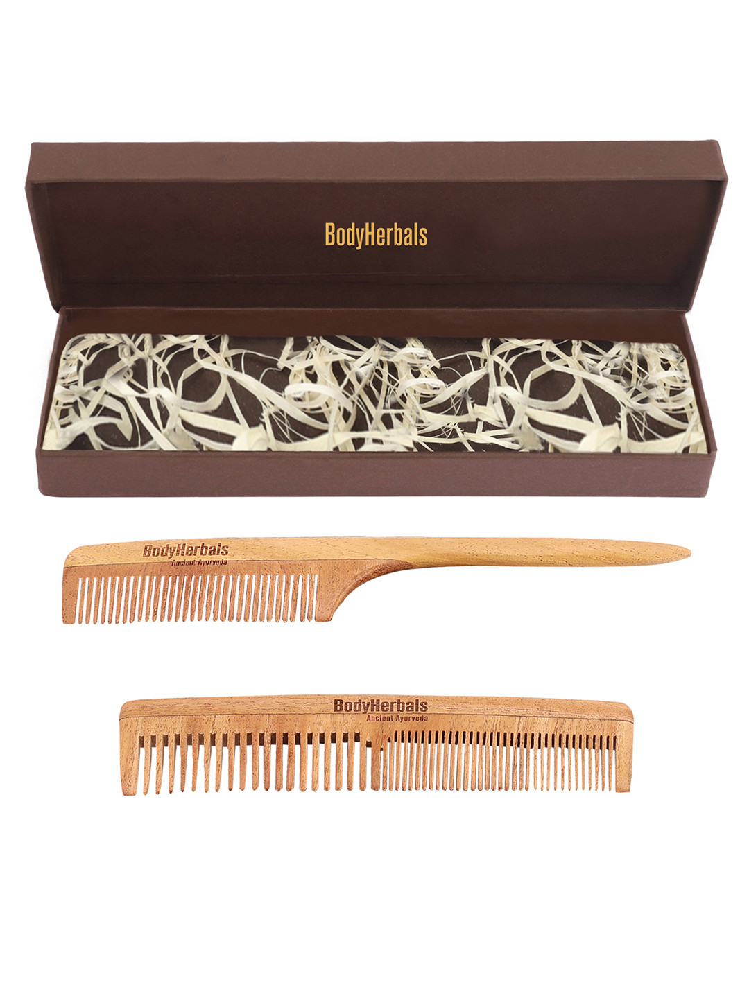 BodyHerbals Set Of 2 Anti Static Handmade Neem Wood Double Tooth Comb & Tail Comb