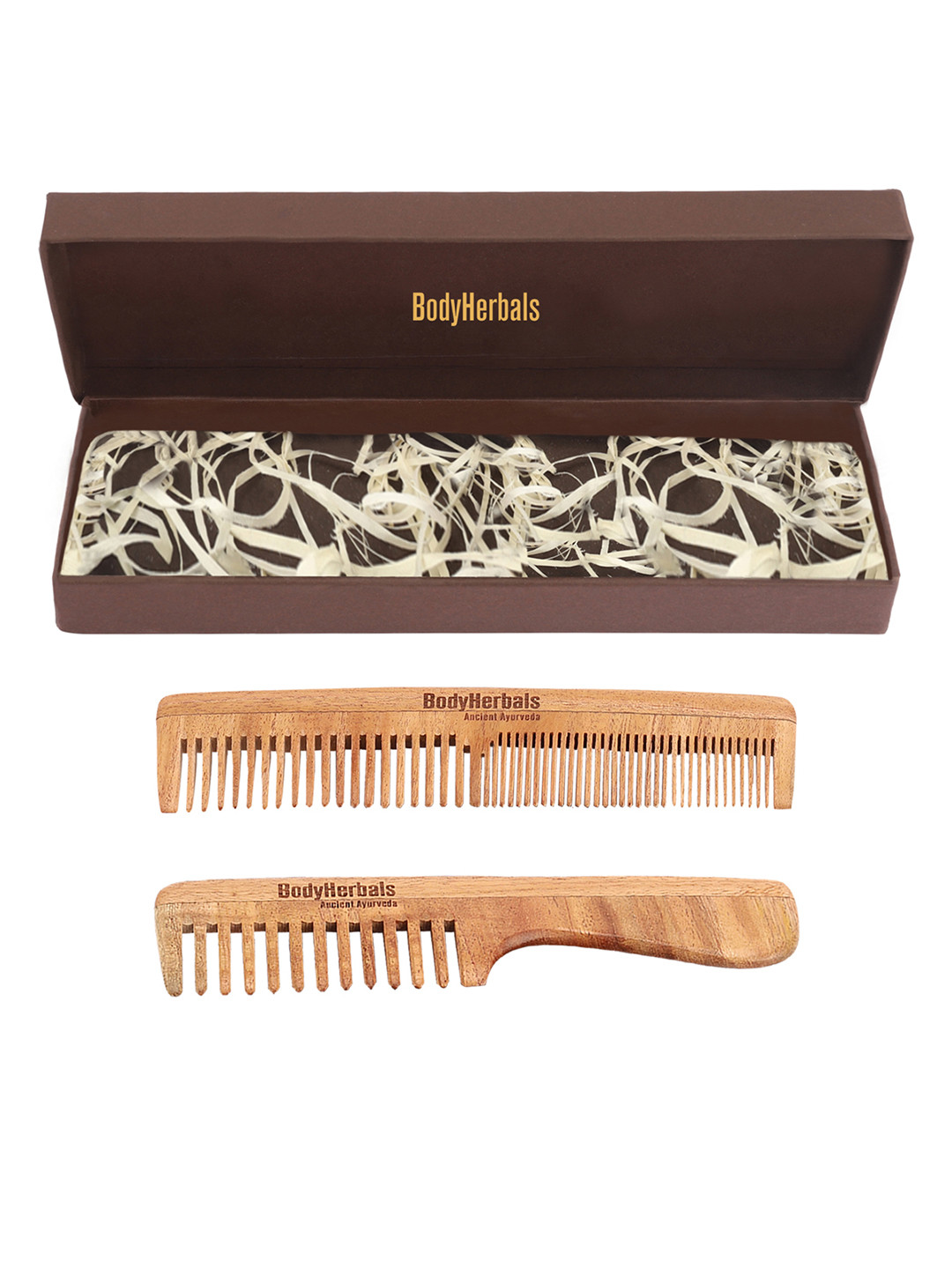 BodyHerbals Set Of 2 Anti Static Handmade Neem Wood Handle Rake & Double Tooth Comb