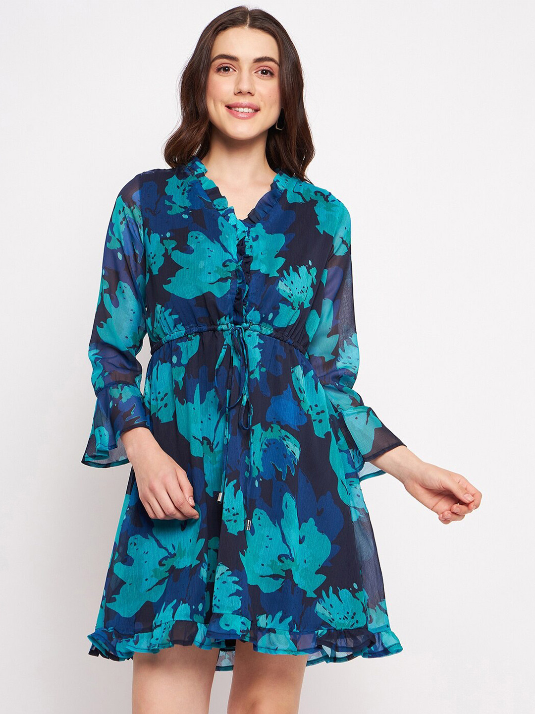 DELAN Floral Printed V-Neck Bell Sleeve Tie-Up Ruffled & Smocked Chiffon Fit & Flare Dress