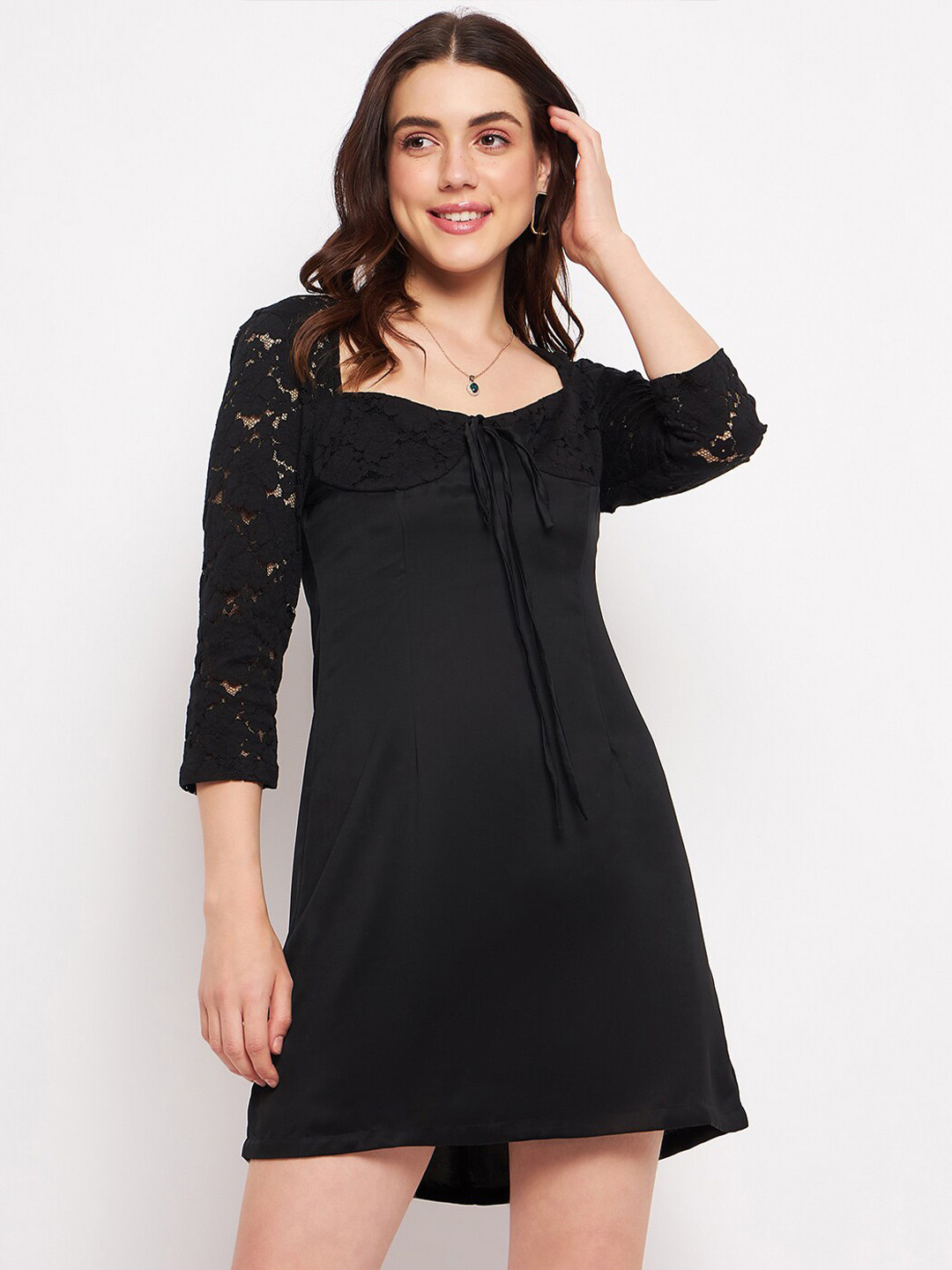 DELAN Square Neck Lace-Inserts & Tie Up Satin A-Line Dress