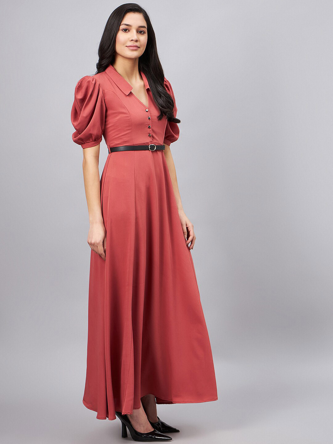 WineRed V-Neck Puff Sleeve Belted Maxi Dress